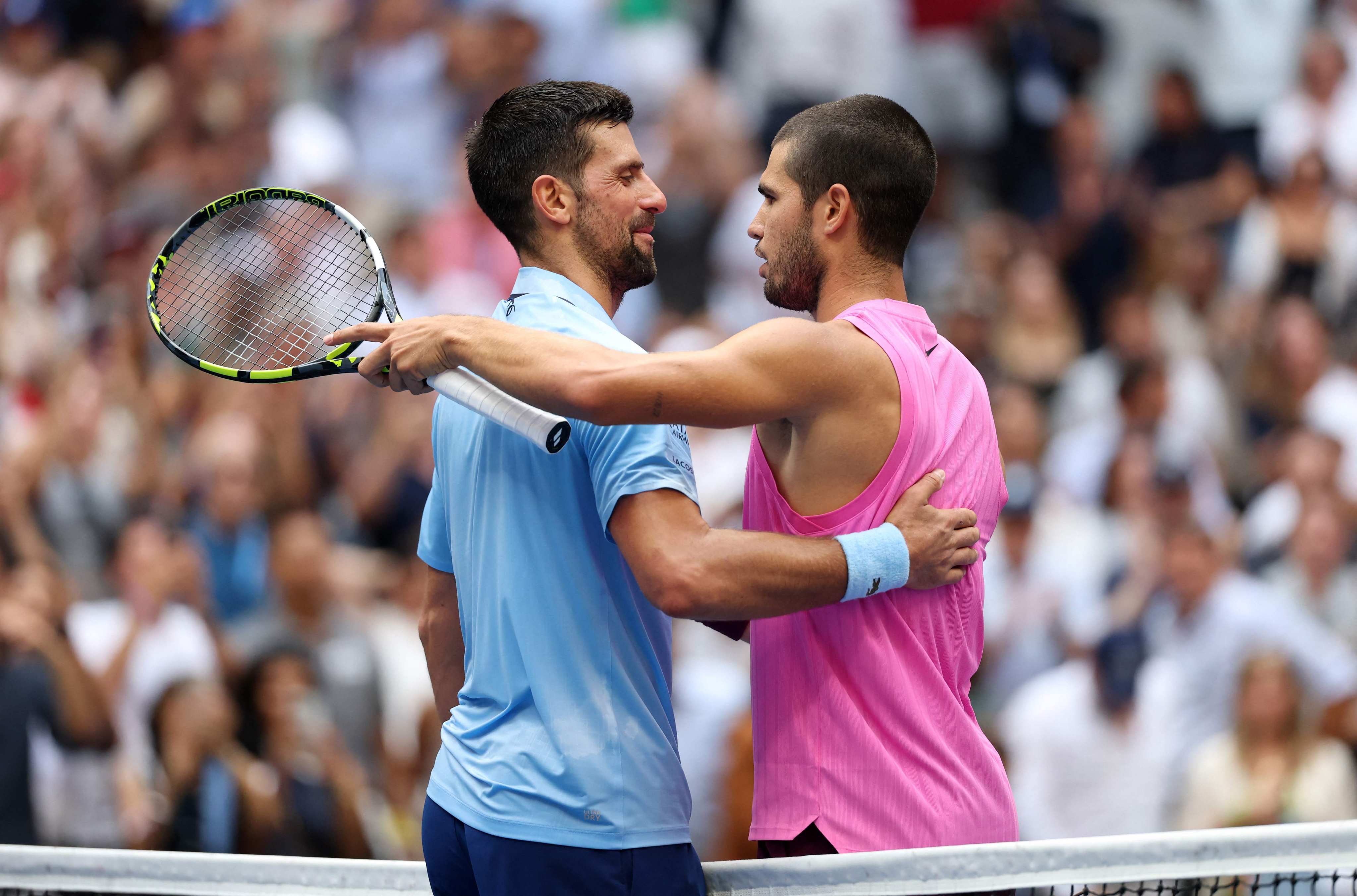 Carlos Alcaraz (right) and Novak Djokovic last played each other in the semifinals of the US Open in September 2025, when Alcaraz won 6-4, 7-6, 6-2 on his way to winning the title. Photo: AFP