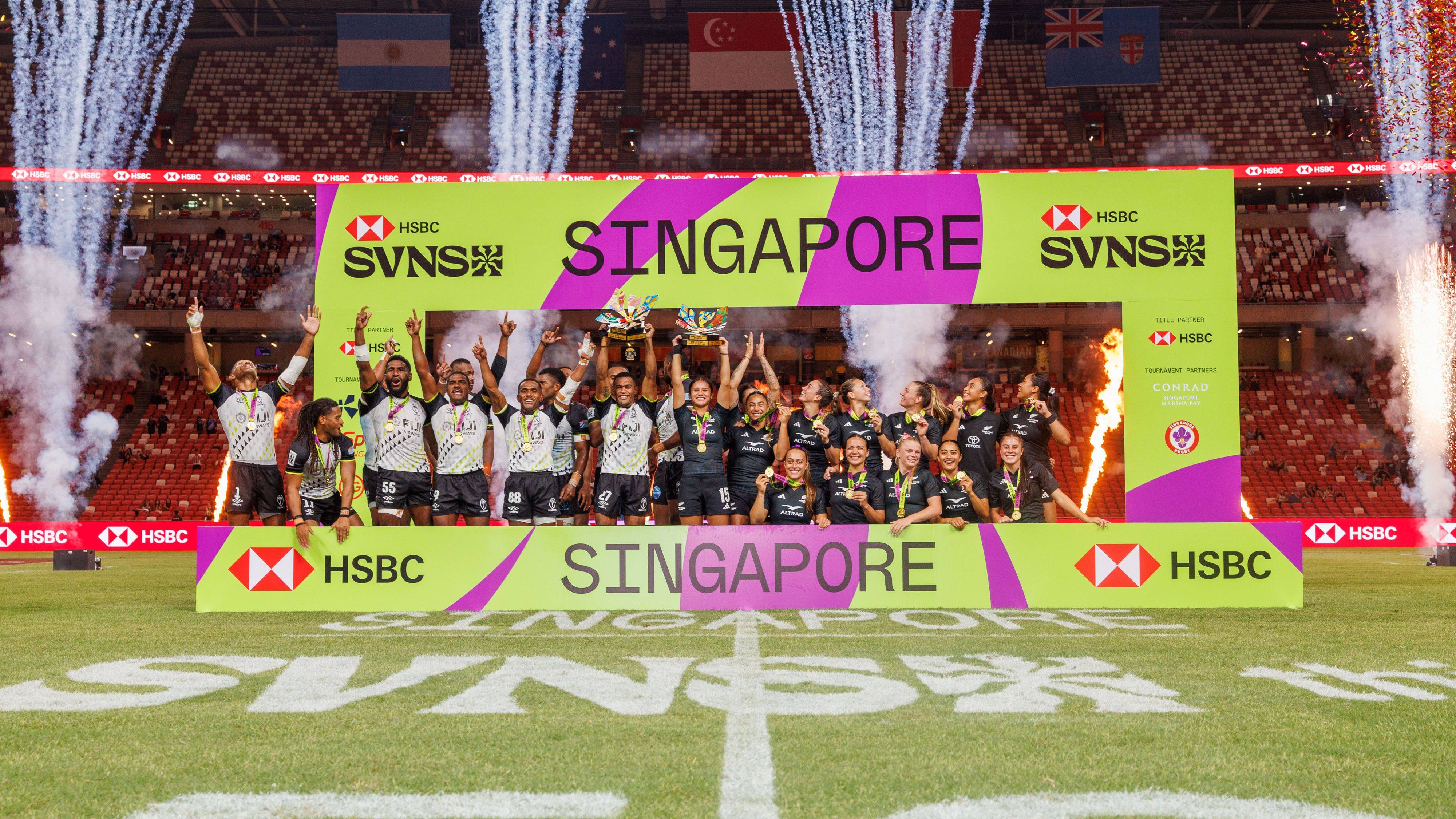February 1: New Zealand women and Fiji men celebrate their wins at the HSBC SVNS Singapore. Photo: World Rugby