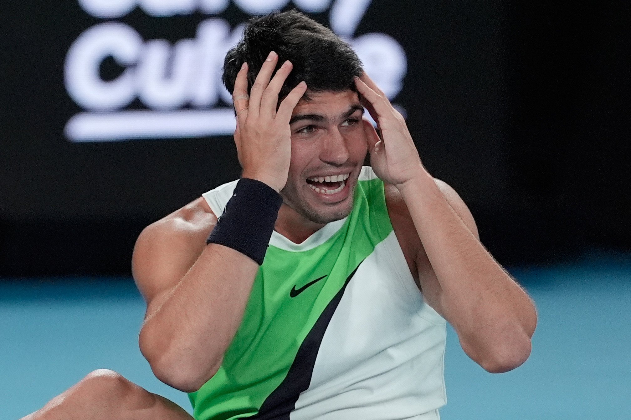 Carlos Alcaraz celebrates after beating Novak Djokovic in the men’s singles final at the Australian Open. Photo: AP