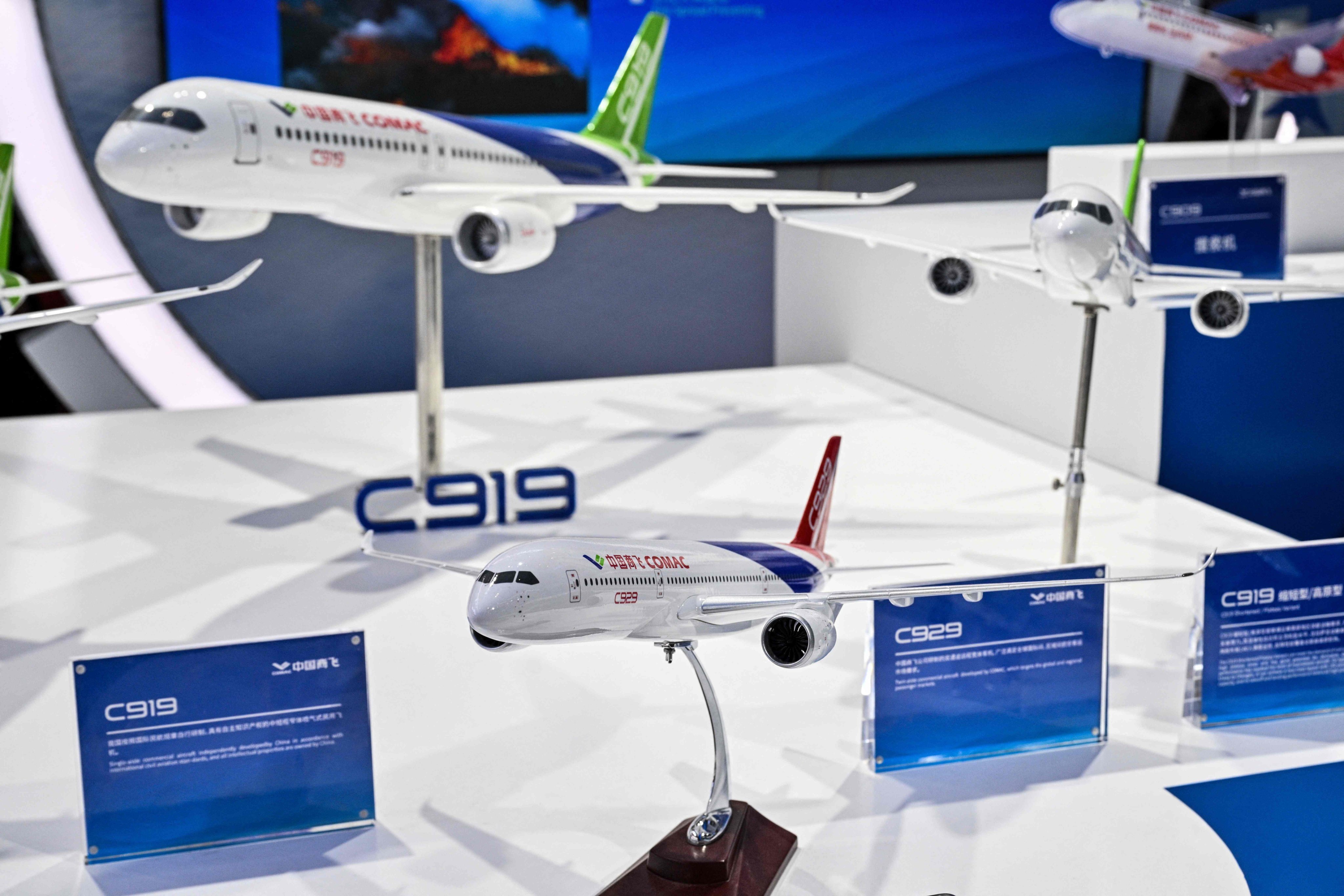 Models of C19 and C929 aircraft are displayed during the eighth China International Import Expo in Shanghai. Photo: AFP