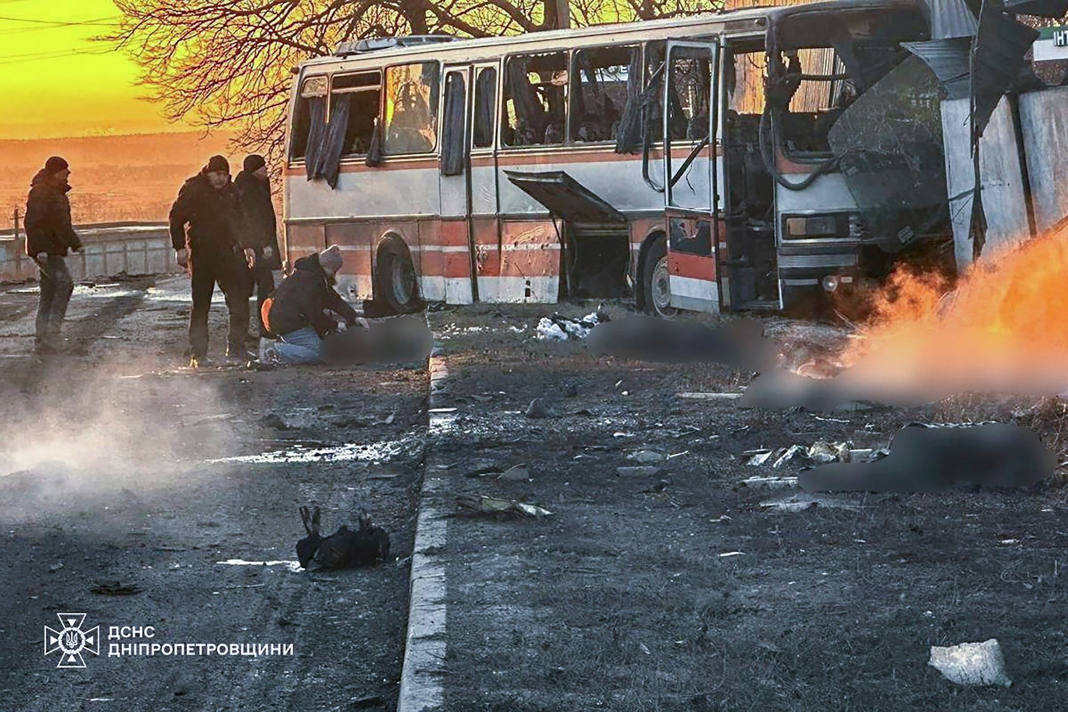 The site of a Russian strike on a civilian bus transporting miners in Ternivka, Pavlohrad district, Dnipropetrovsk region, Ukraine on Sunday. Photo: State Emergency Service of Ukraine / Handout  / EPA