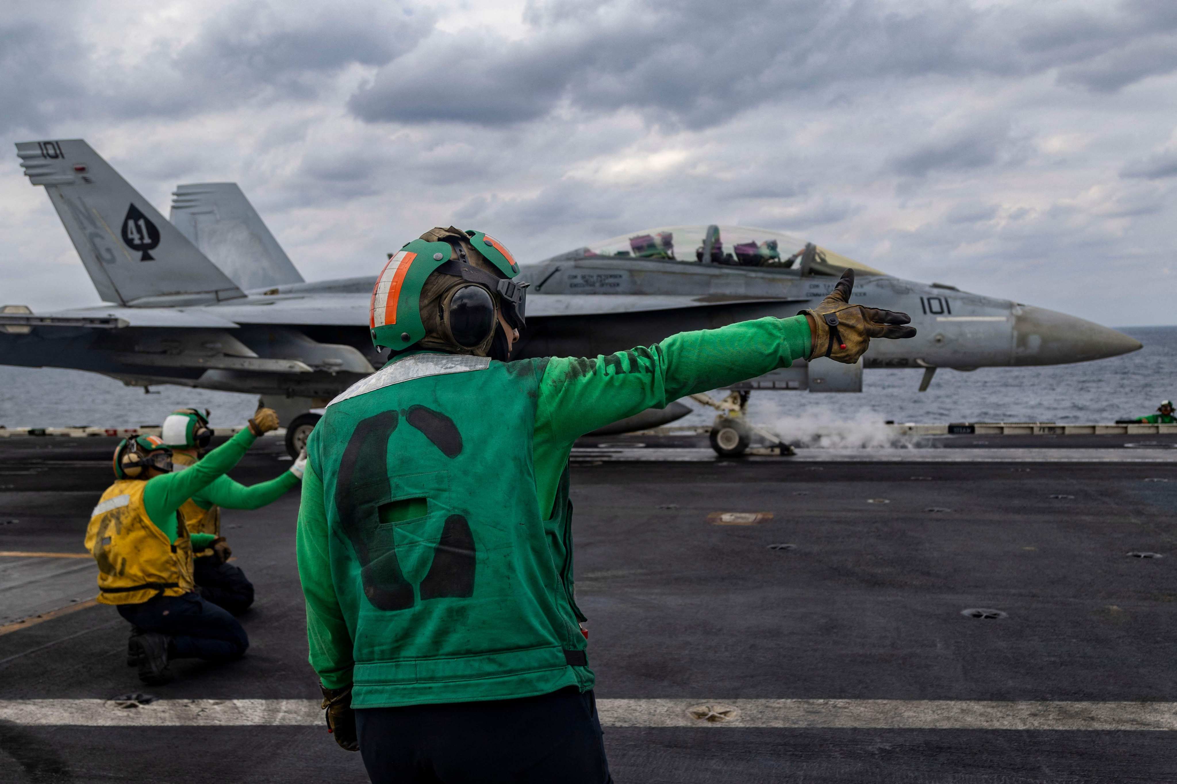 An F/A-18E Super Hornet launching from the USS Abraham Lincoln in the Arabian Sea on January 28. Photo: US Navy via AFP