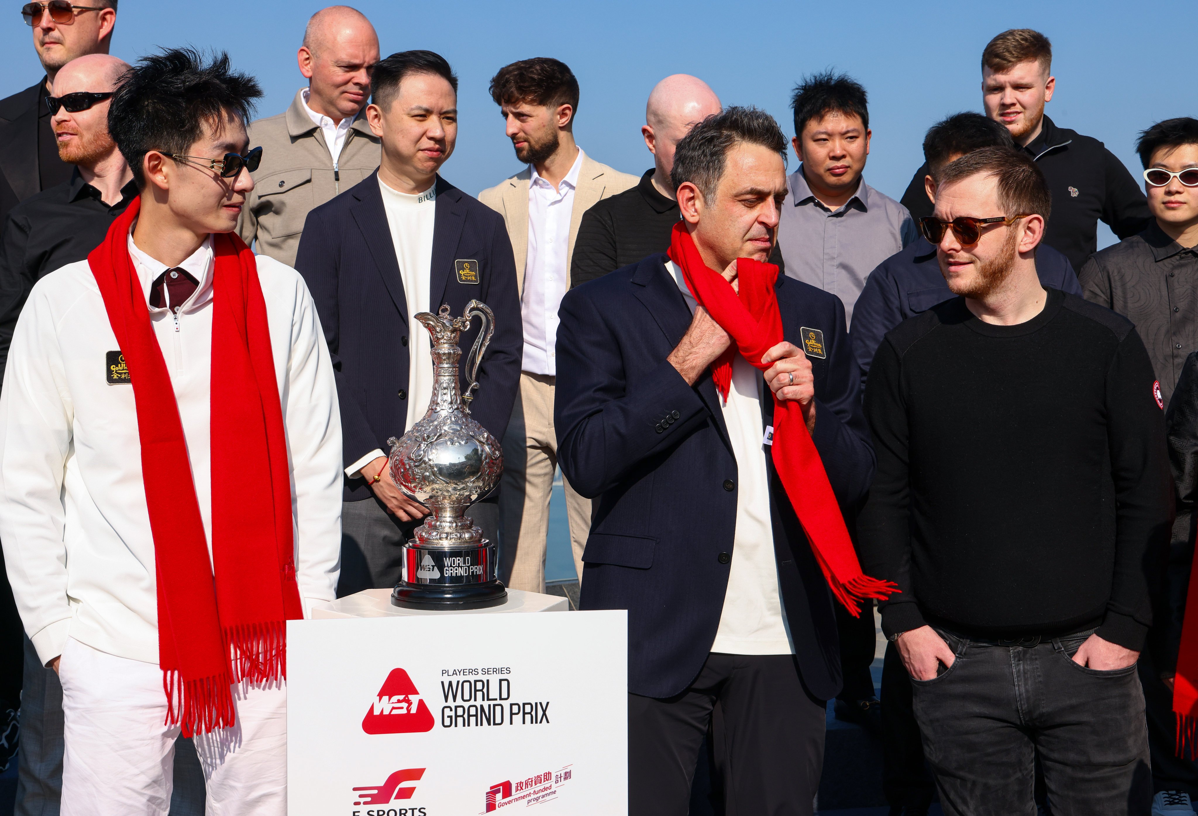 Snooker stars (from left) Wu Yize, Ronnie O’Sullivan and Mark Allen attend a  welcome ceremony for the World Grand Prix at Peak Galleria. Photo: Dickson Lee