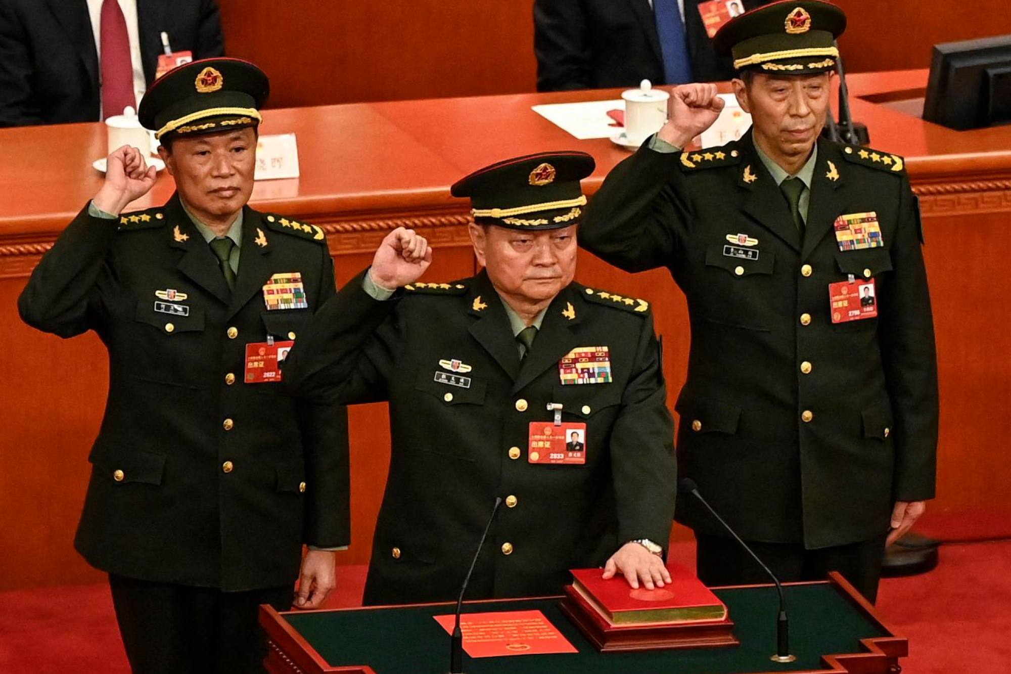Zhang Youxia, foreground, is pictured with two other CMC members in March 2023. All three have since been ousted. Photo: AFP