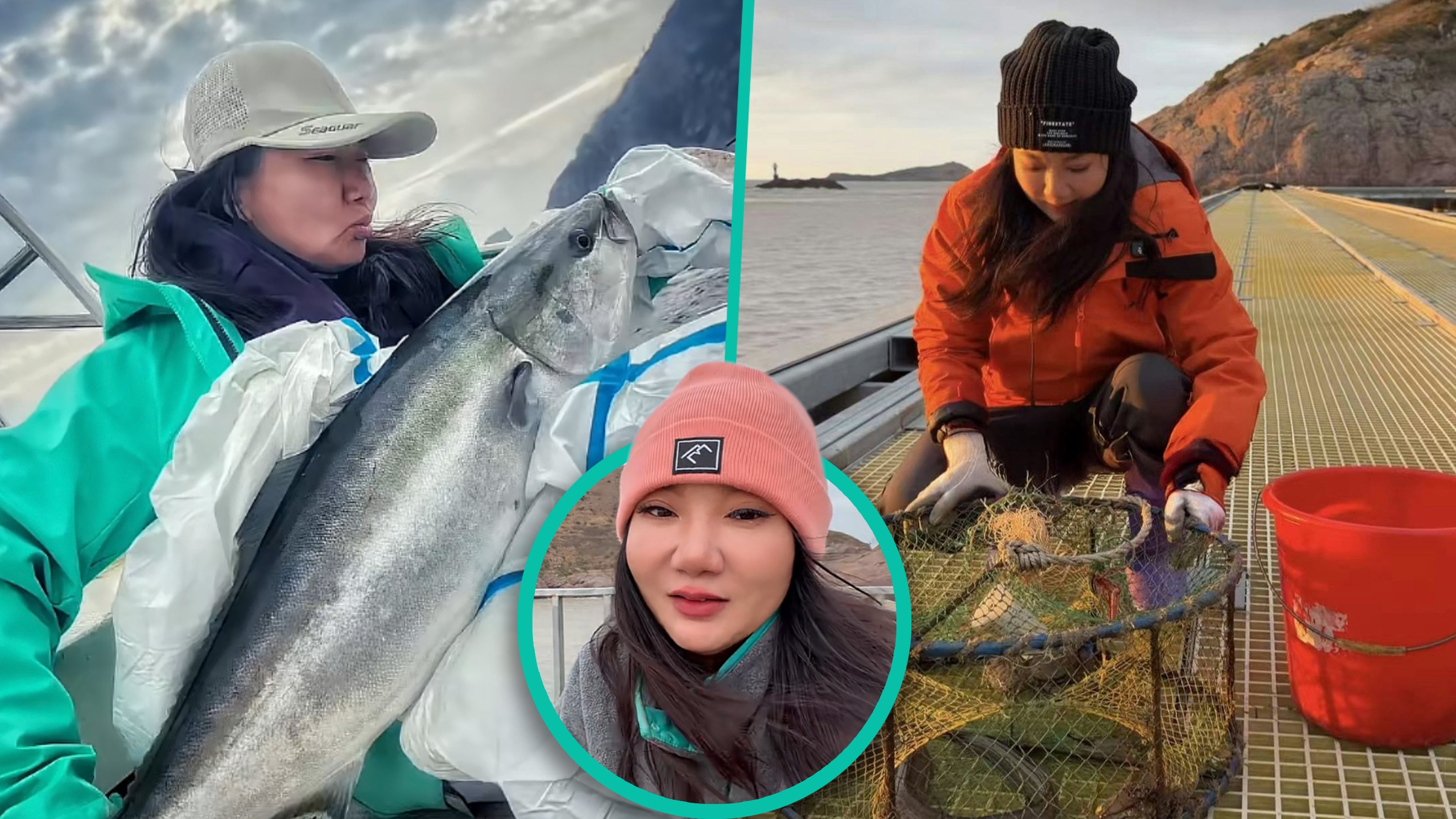 A Chinese woman has  made headlines after quitting her job at a property development company in Beijing to work as a quality inspector at a fish feeding centre on a remote island in the East China Sea. Photo: SCMP composite/Douyin