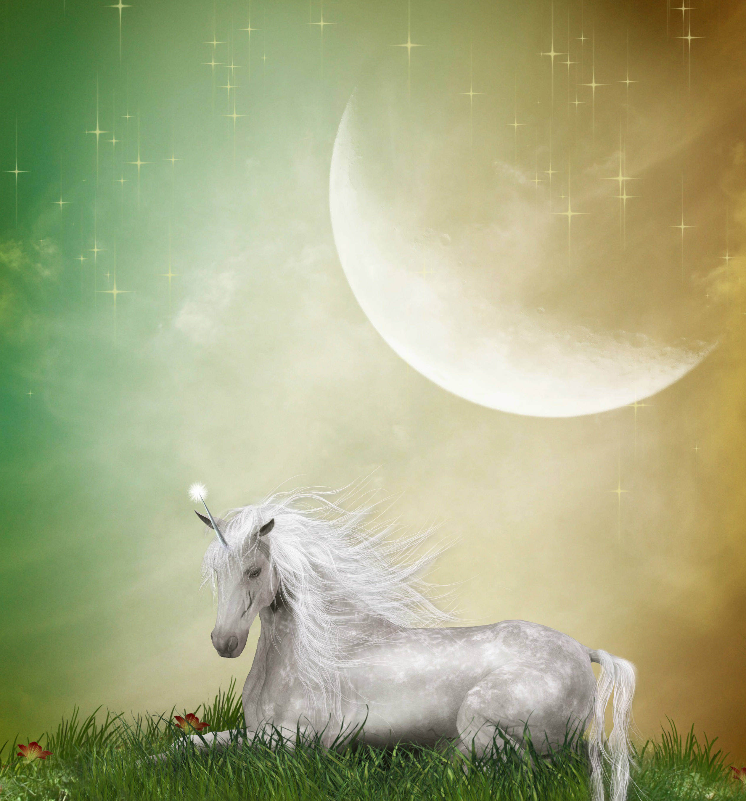 Posties 27 Feb 2013. Features_Fantasy landscape with unicorn and a big moon Shutterstock Stock Photo: Image ID: 106687580 __One time use only