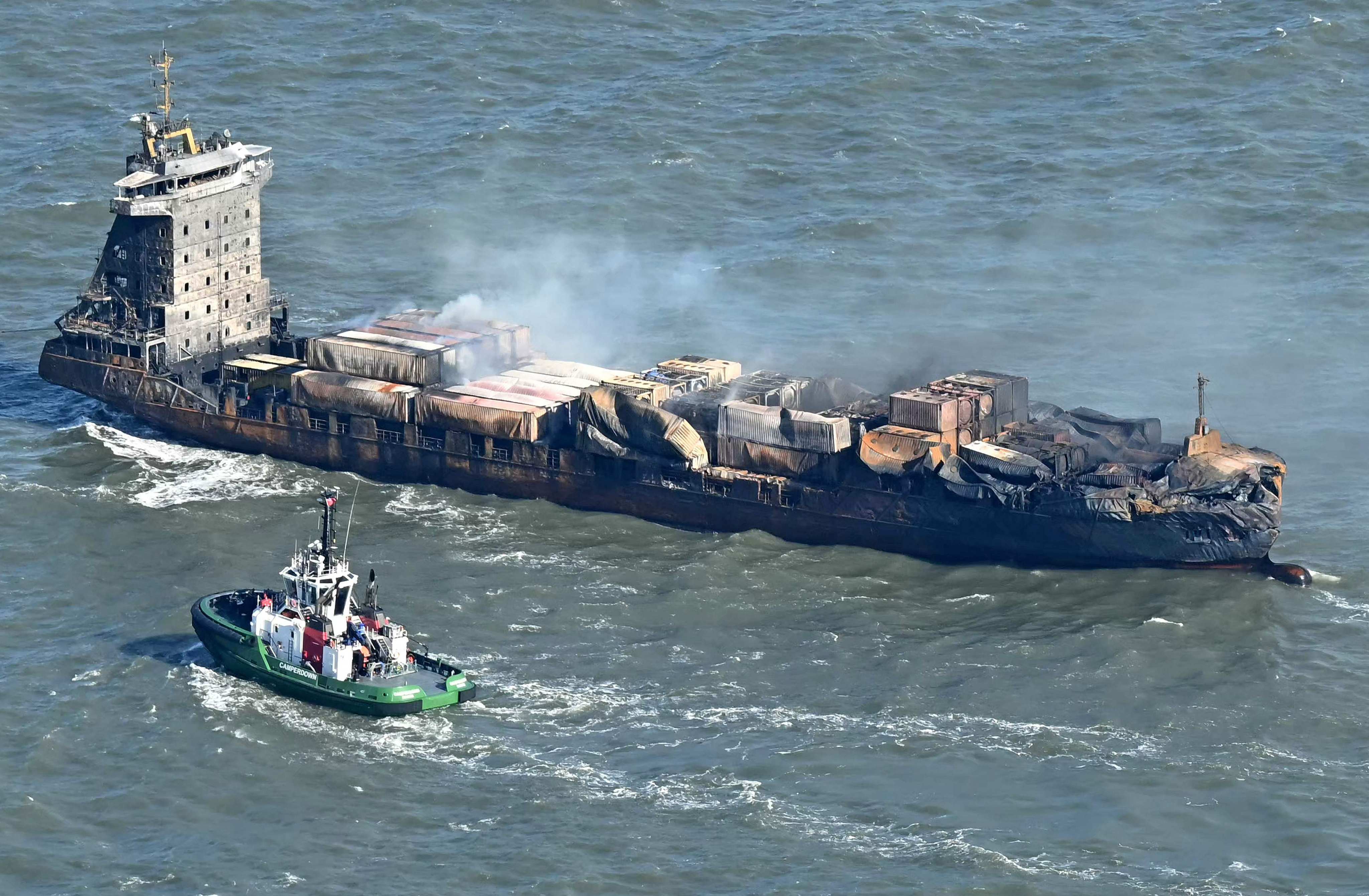 Smoke rises from the Solong cargo ship in the North Sea, off the coast of Withernsea, east of England, on March 11. Photo: AFP