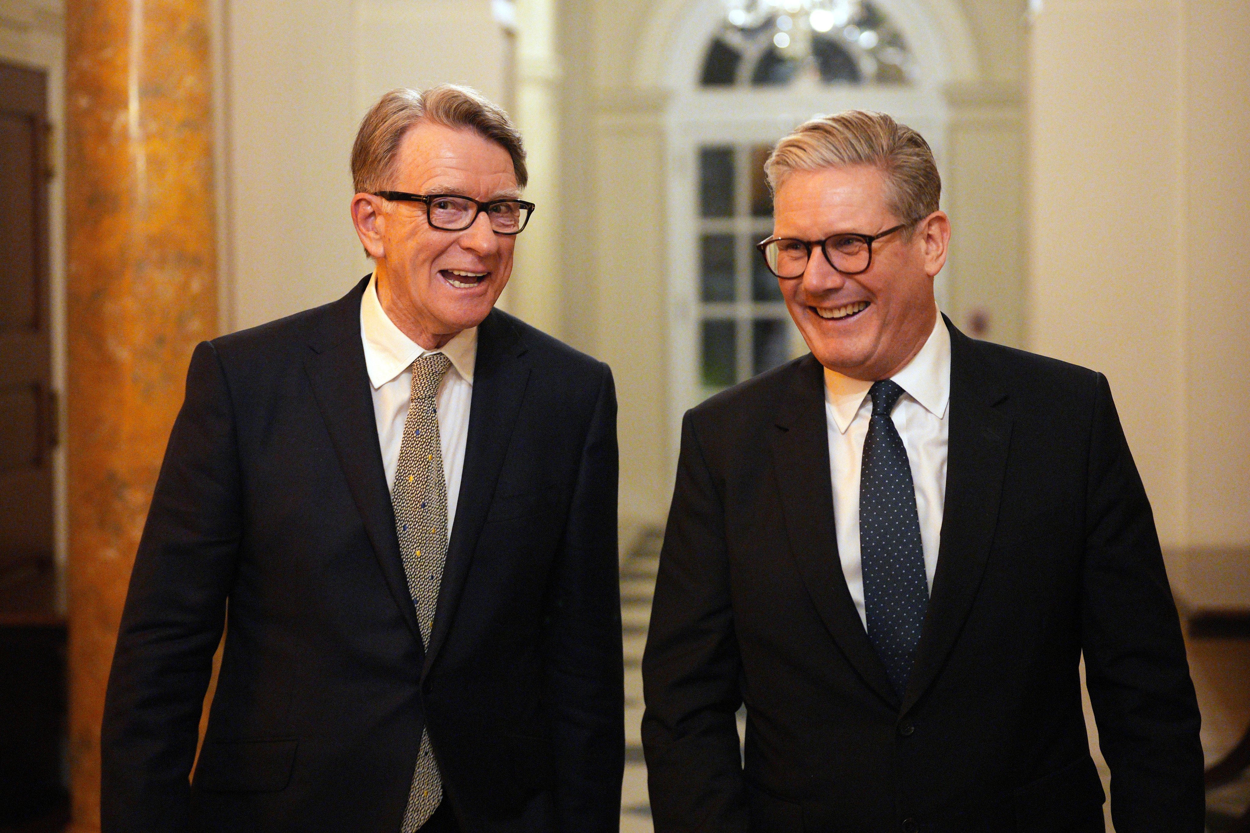 British Prime Minister Keir Starmer, right, and Britain’s ambassador to the United States Peter Mandelson in Washington in February 2025. Photo: AP