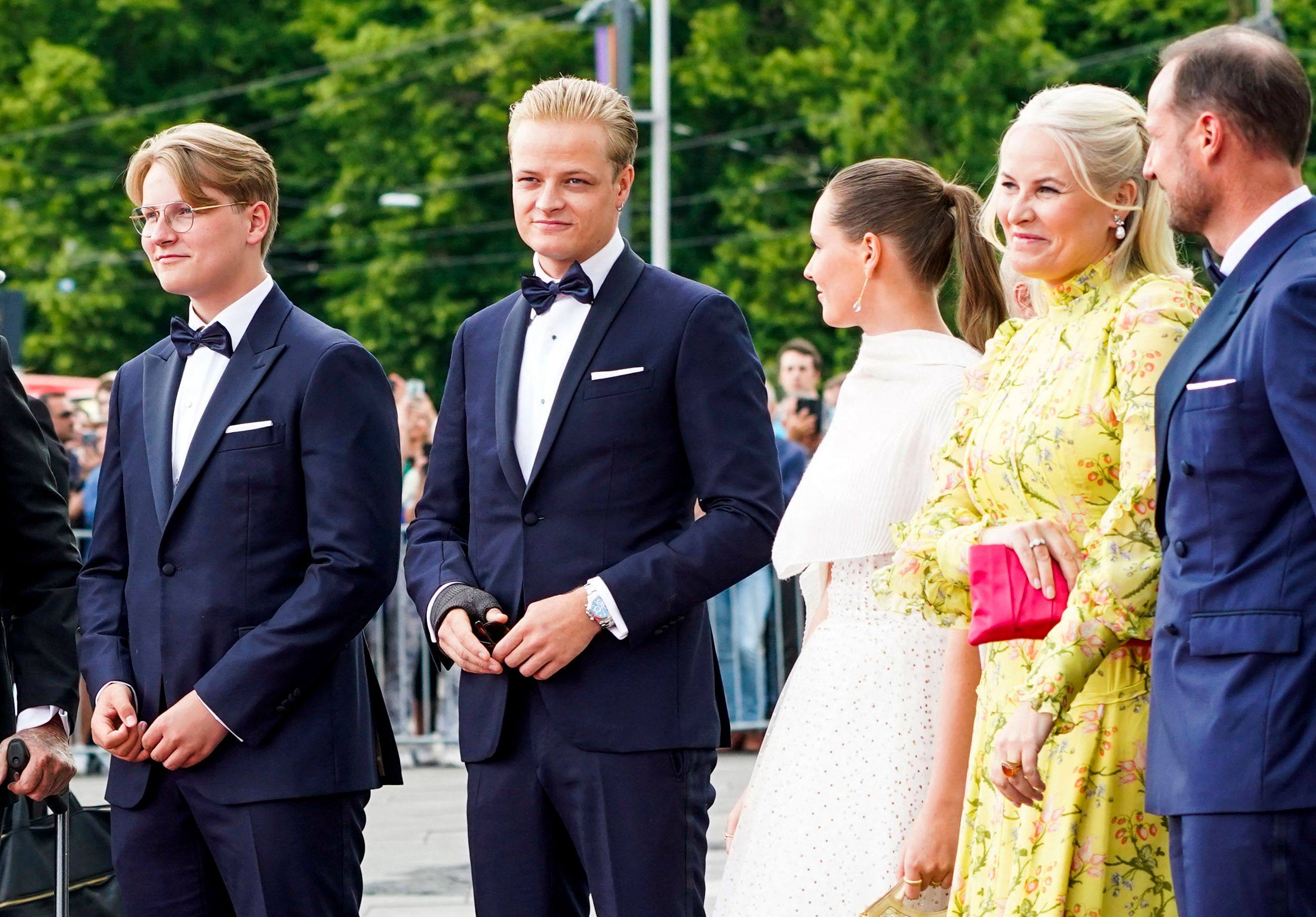 Marius Borg Hoiby (left) and Crown Princess Mette-Marit (second from right) arrive for Princess Ingrid Alexandra’s belated 18th birthday dinner in Oslo in June 2022. Photo: AFP