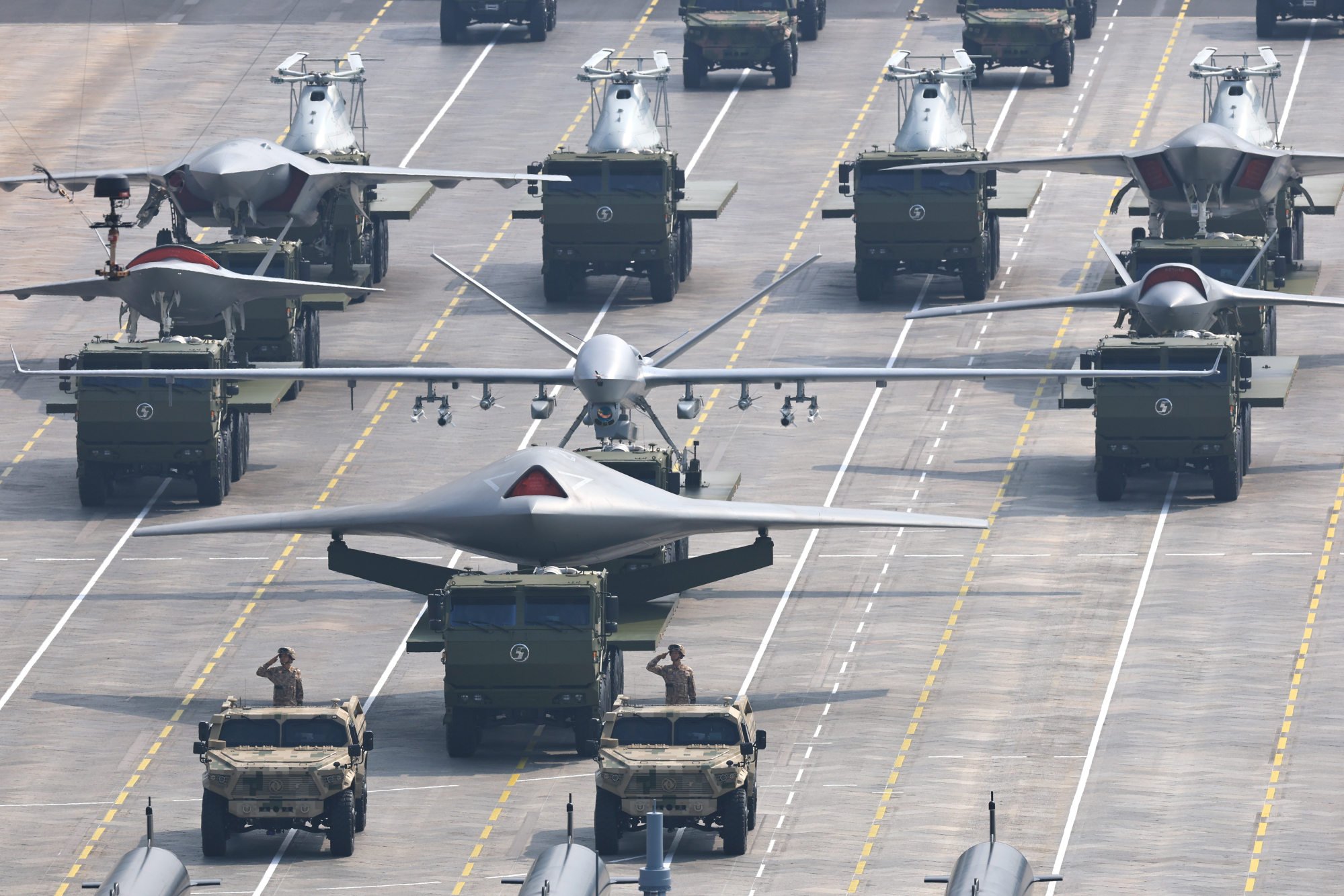 The airborne uncrewed warfare formation during China’s military parade in Beijing last September. The United States and China are in a race to develop the latest artificial intelligence. Photo: Xinhua