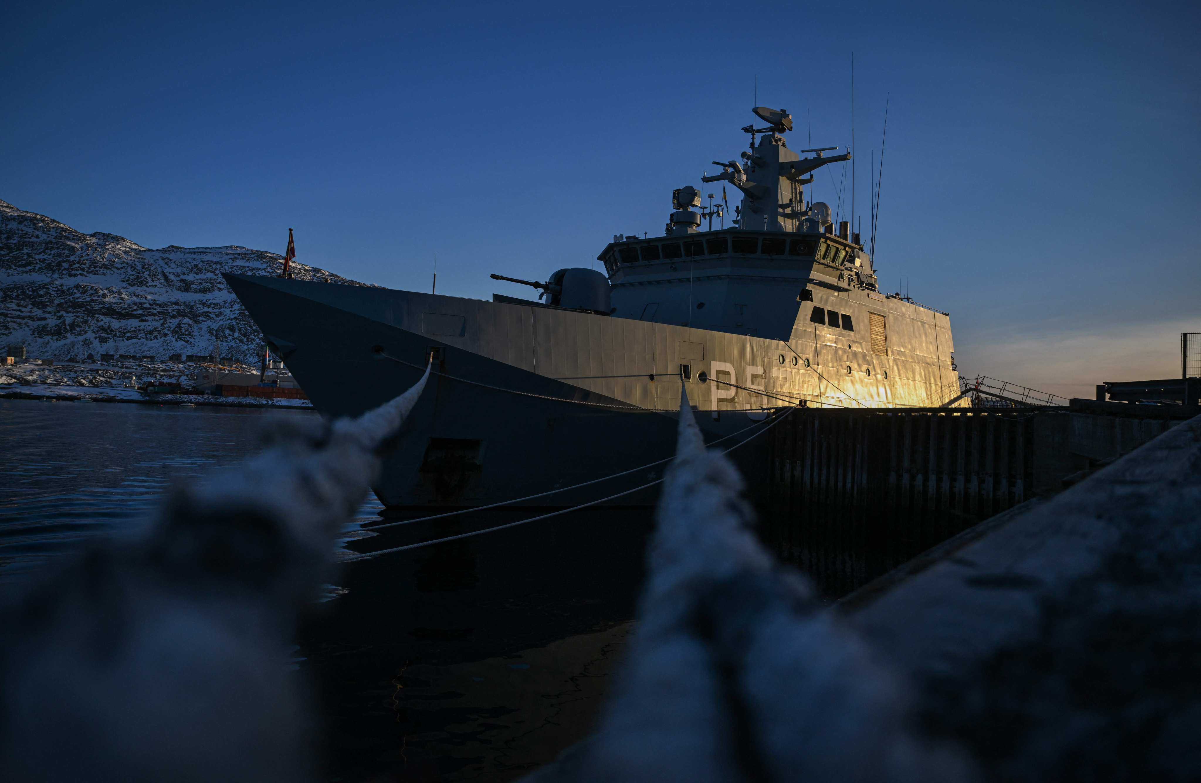 A Royal Danish Navy patrol vessel is moored in Nuuk, Greenland, in January. Photo: AFP