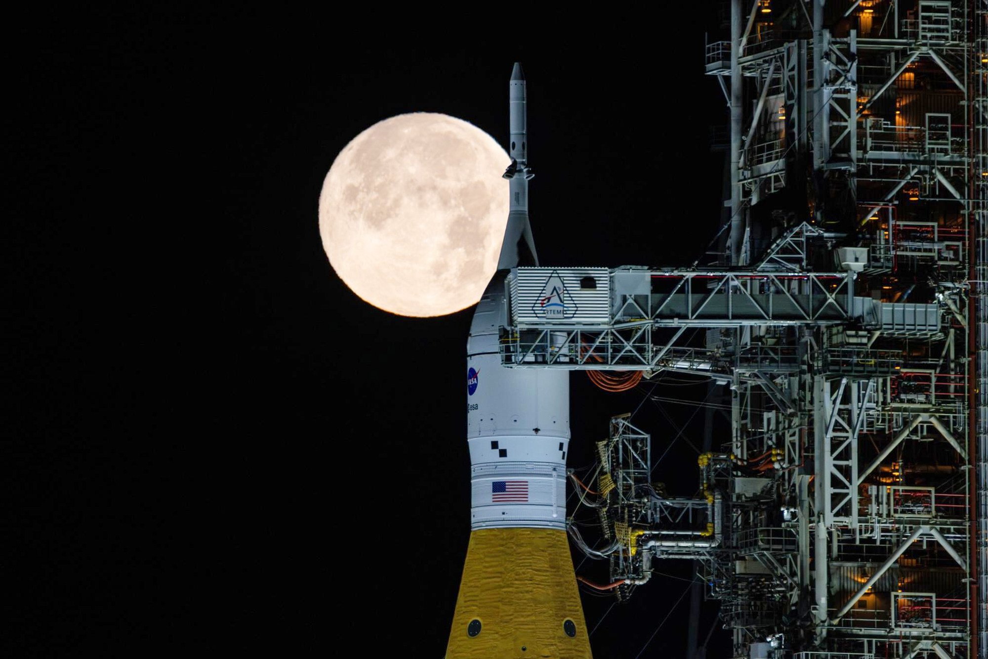 A full moon shines over the Space Launch System and Orion spacecraft at Nasa Kennedy Space Centre in Florida. Photo: Nasa via AP