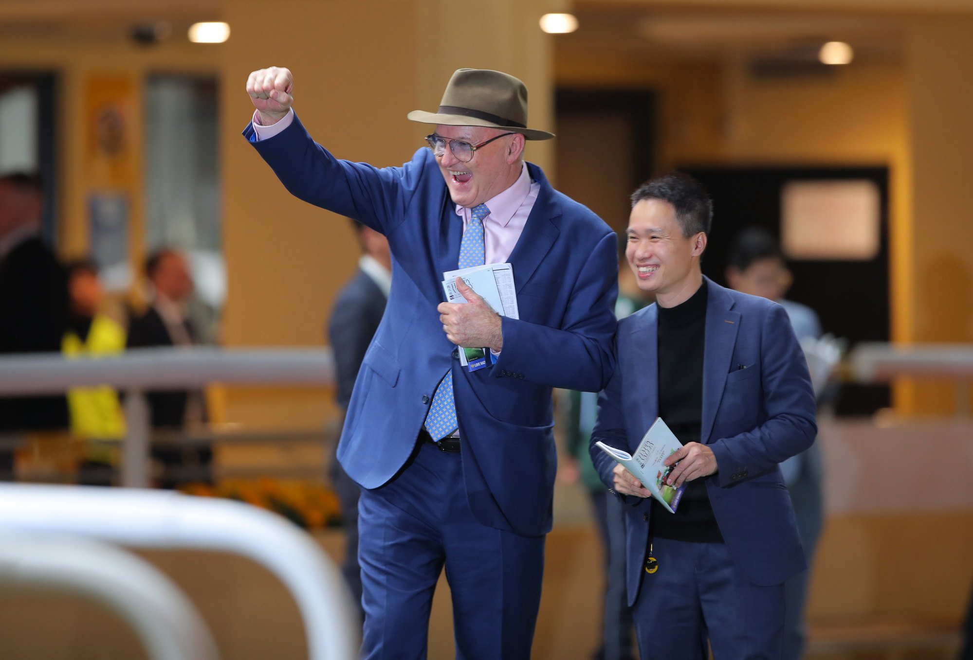 David Hayes celebrates after Romantic Son’s win.