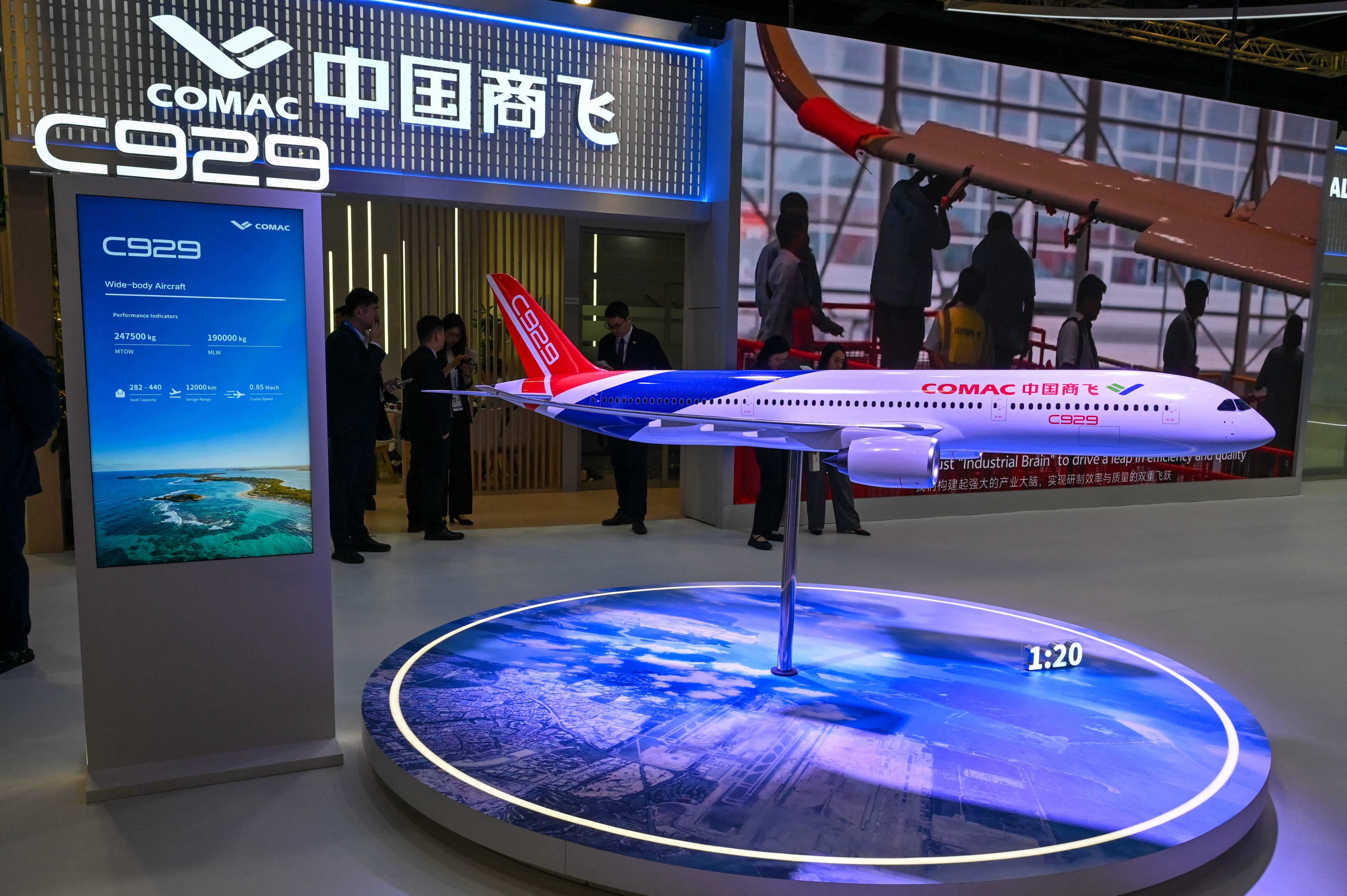 A model of China’s in-development C929 aircraft is displayed at the Singapore Airshow on Tuesday. Photo: AFP