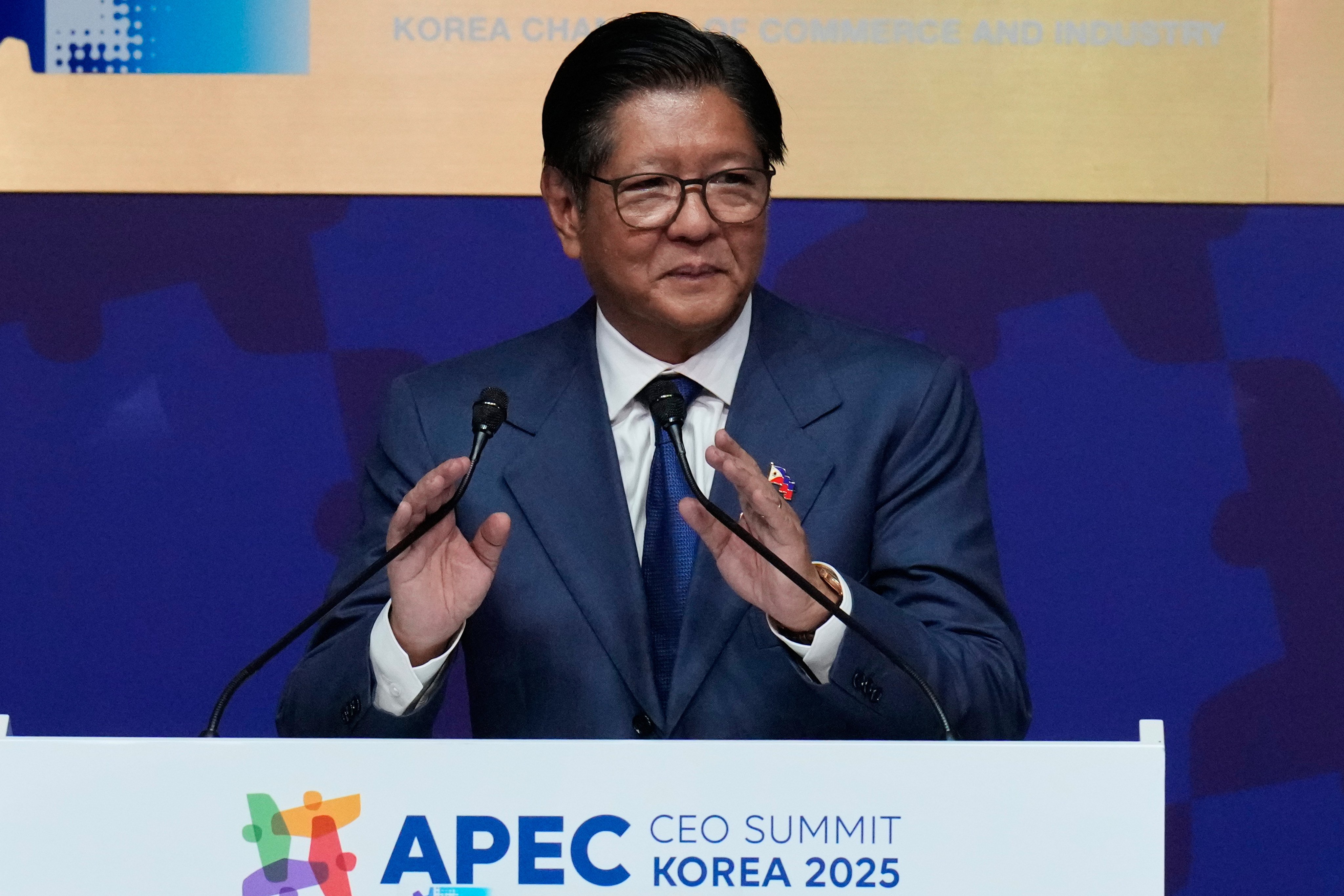 Philippine President Ferdinand Marcos Jnr speaking at the Apec CEO summit in Gyeongju, South Korea, in October. Photo: AP