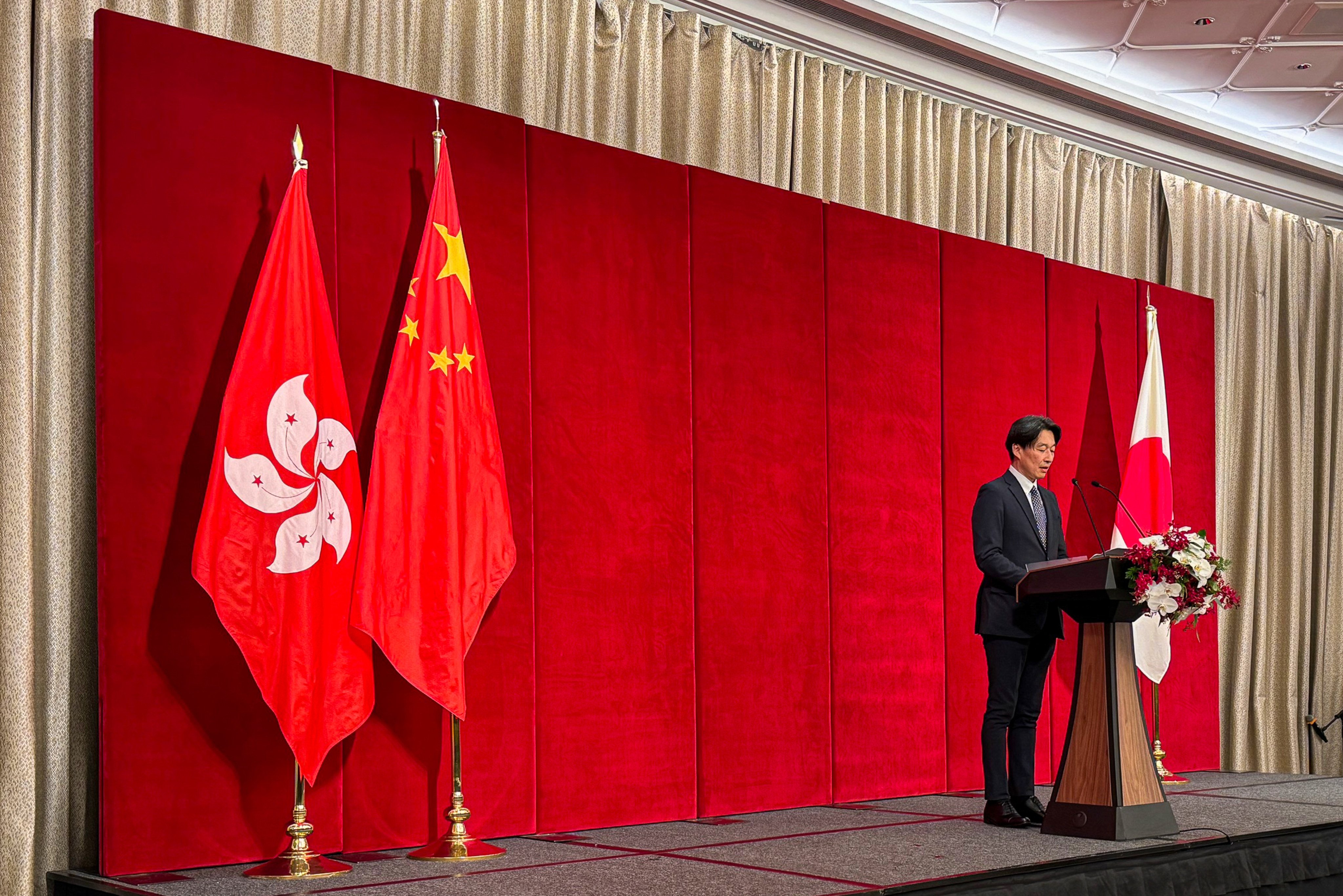 Jun Miura, Japan’s consul general to Hong Kong, speaks at a reception to celebrate Emperor Naruhito’s 66th birthday. Photo: Lo Hoi-ying