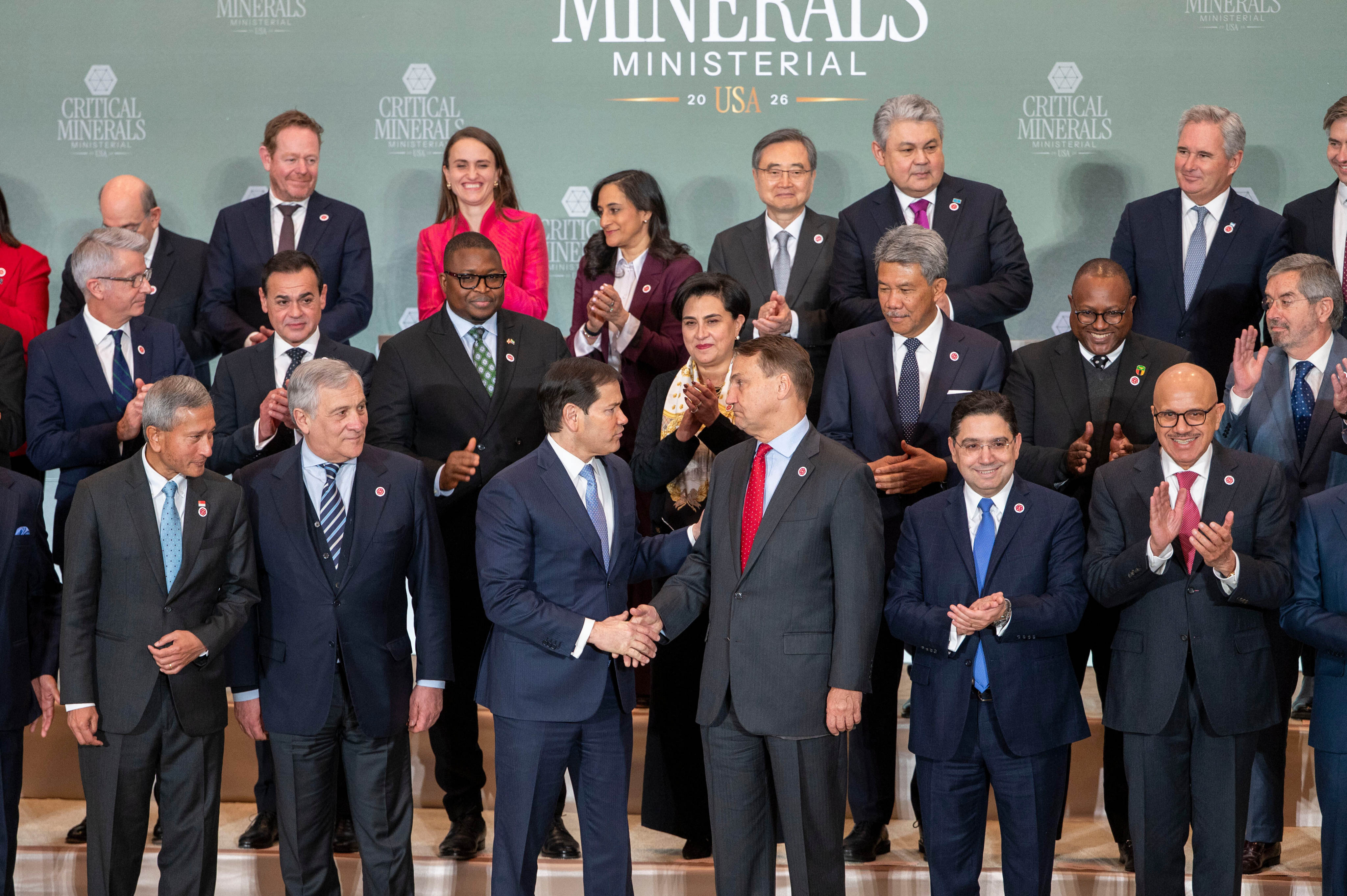 US Secretary of State Marco Rubio (centre left) shakes hands with Polish Foreign Minister Radosław Sikorski at a meeting on critical minerals in Washington on Wednesday. Photo: AP
