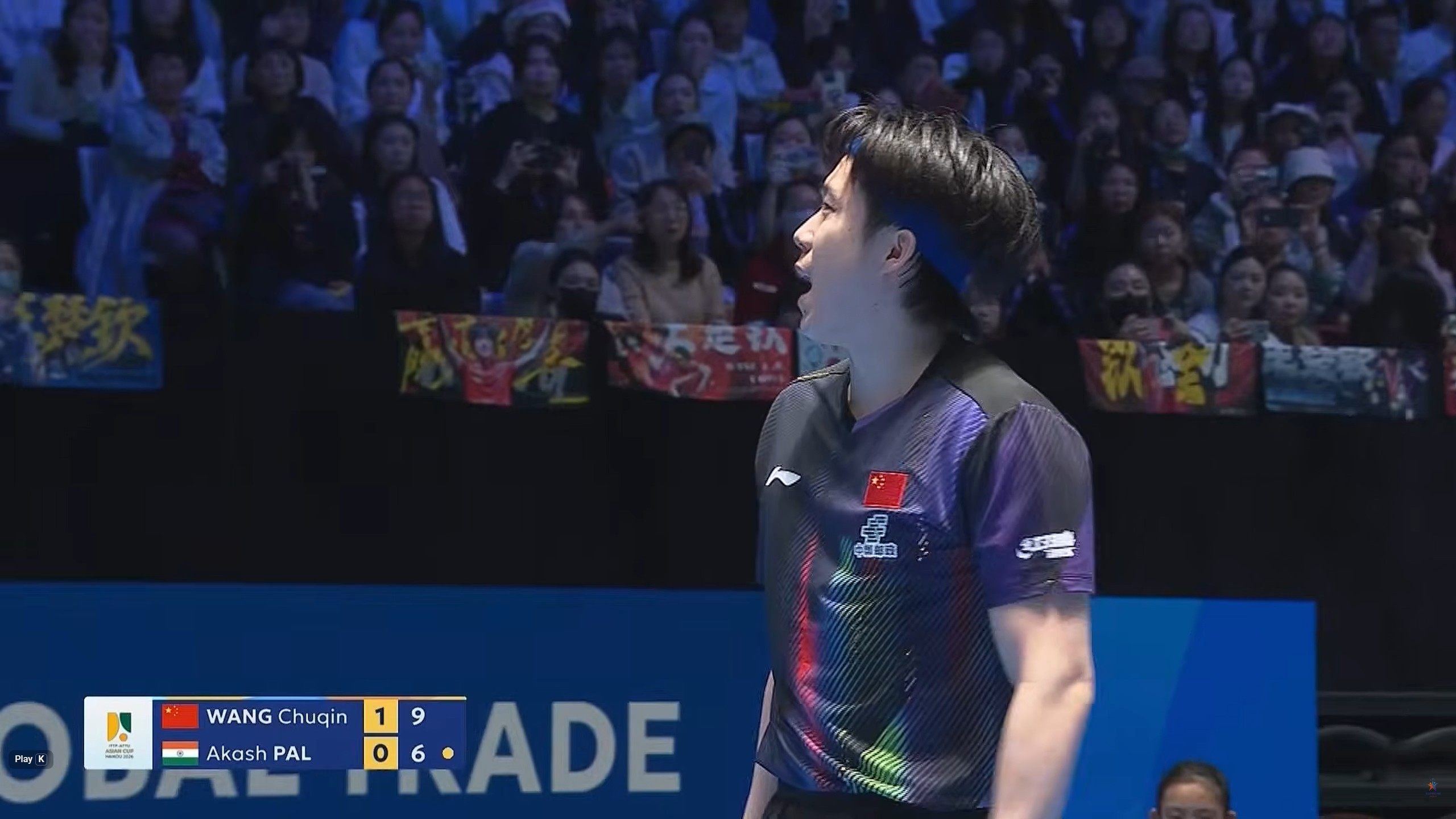 Wang Chuqin told fans to  shut up during his match against India’s Akash Pal. Photo: ATTU