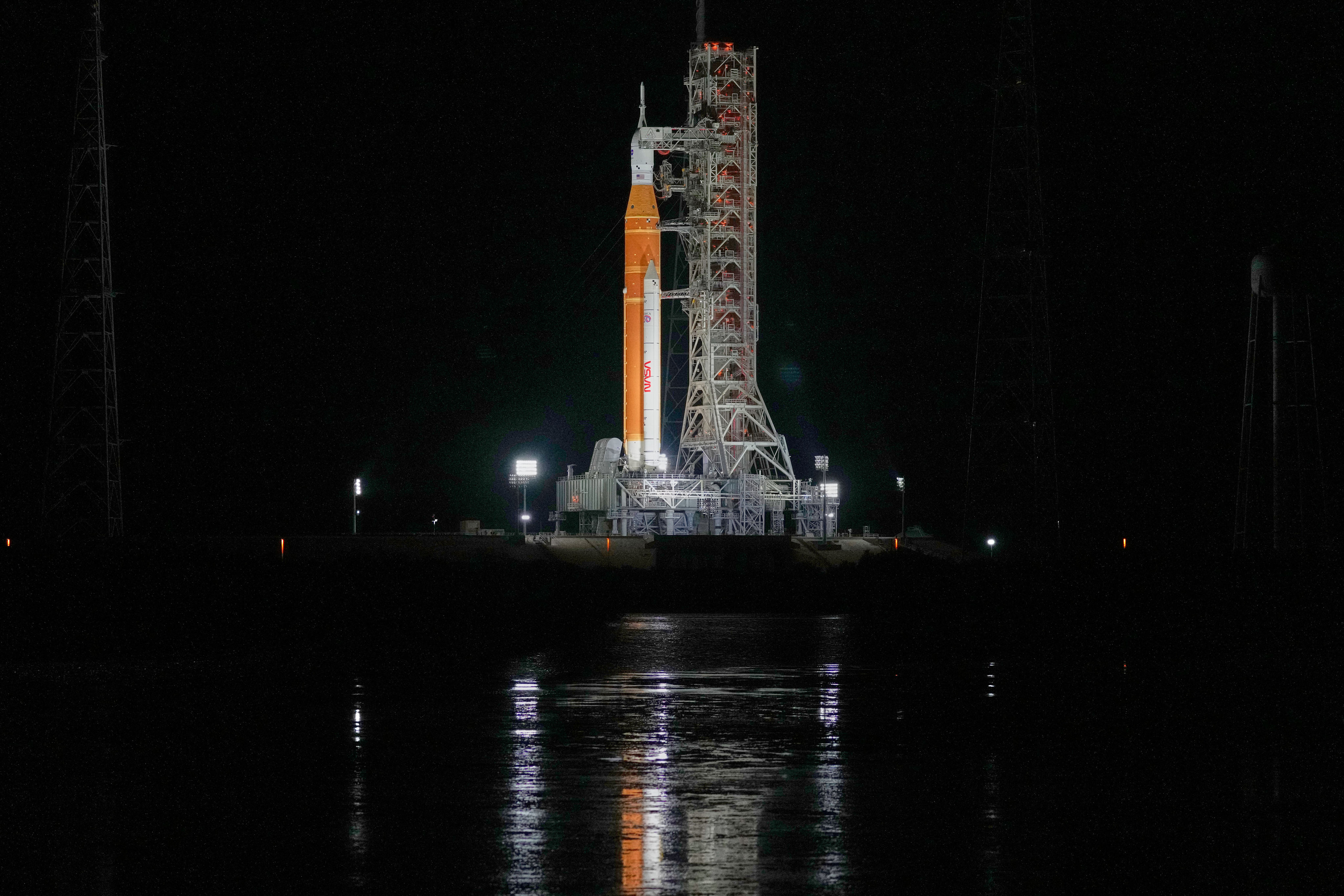 The Nasa Artemis II SLS rocket with the Orion spacecraft is seen at the Kennedy Space Centre in Florida on Sunday. Astronauts undertaking a lunar fly-by as part of the programme will be allowed to use mobile phones during the mission. Photo: AP
