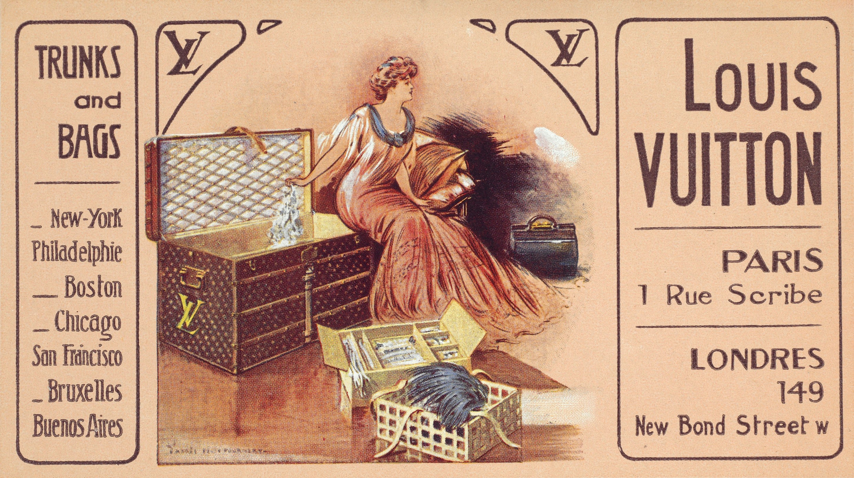 Advertising card, circa 1907. A woman places her personal belongings in a Louis Vuitton Monogram canvas trunk. Photo: Handout