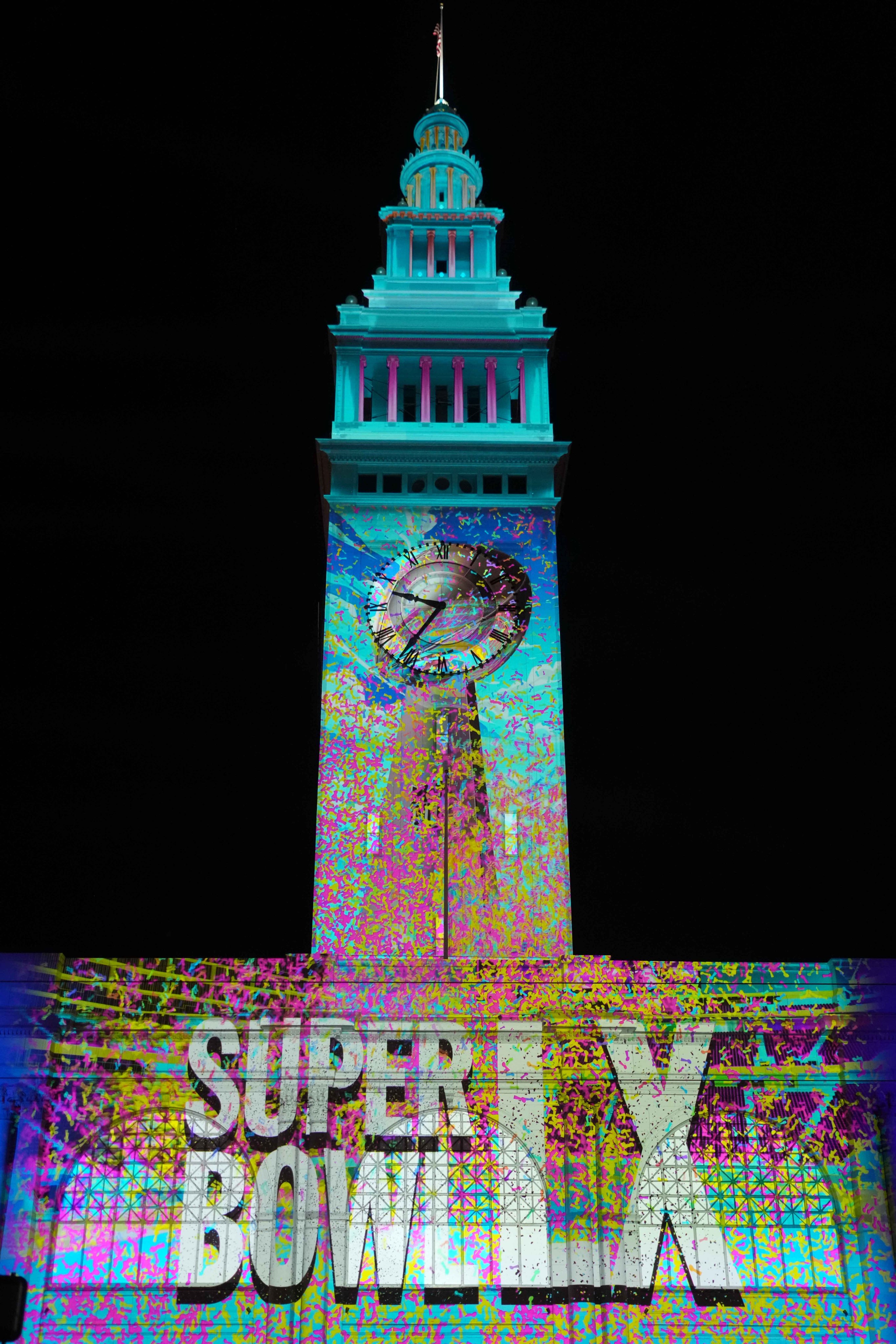 The Super Bowl LX logo being projected on the Ferry Building in San Francisco, on Friday. Photo: Kirby Lee-Imagn Images