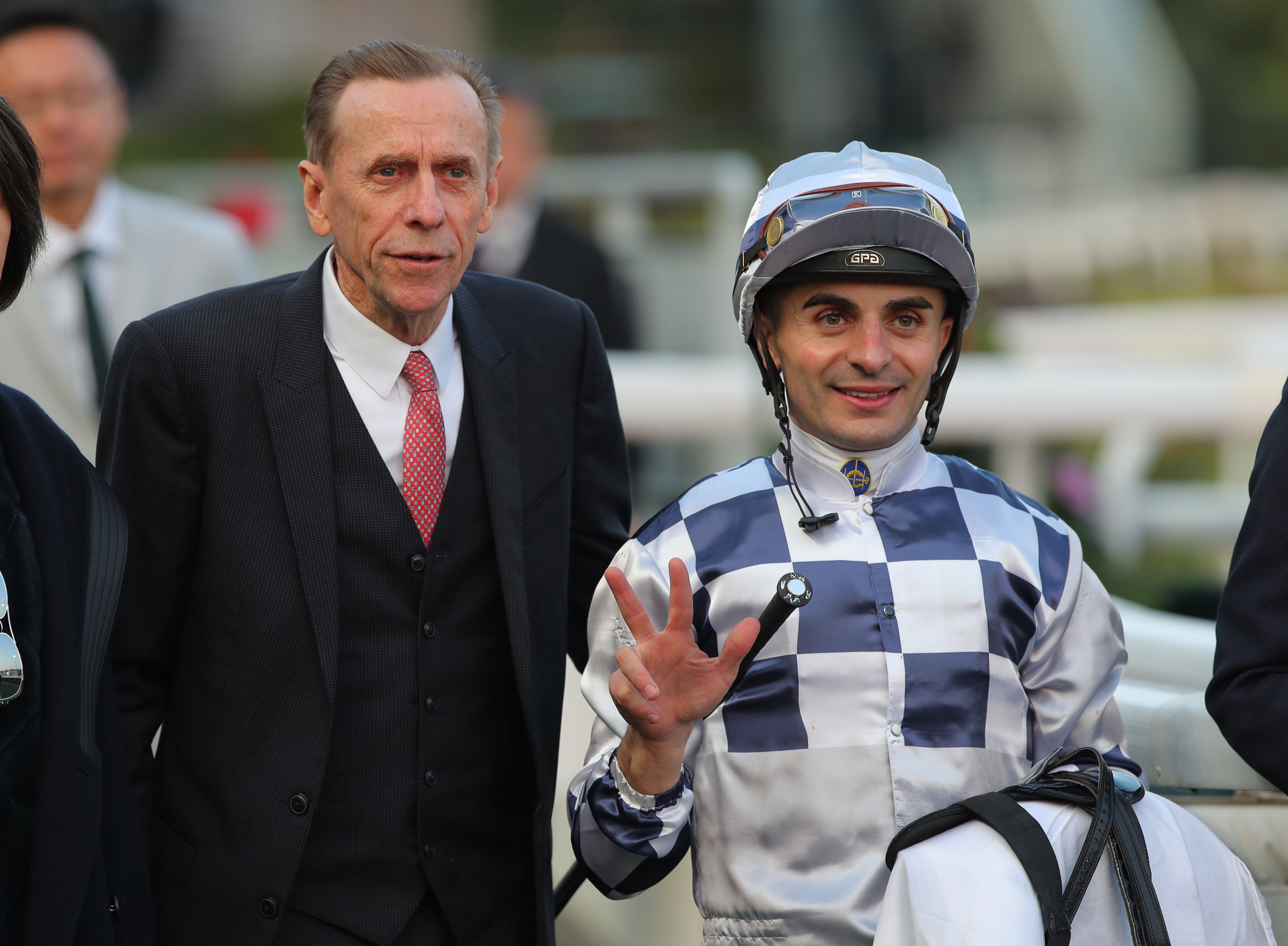 Trainer Joh Size and jockey Andrea Atzeni after Flow Water Flow’s thrilling win. Photos: Kenneth Chan
