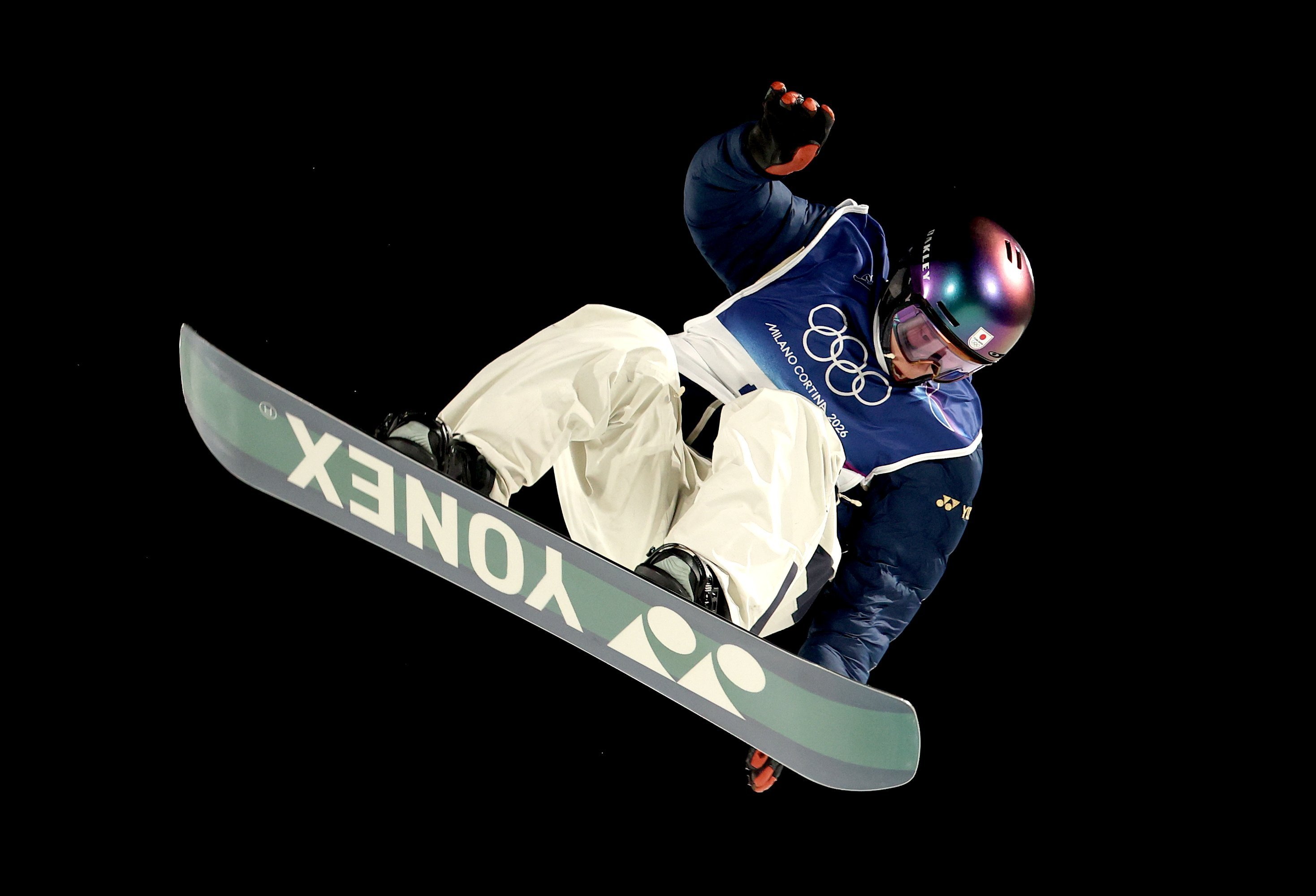 Kira Kimura of Japan competes in the first run in the Men’s Big Air final of the Snowboard competitions at the Milano Cortina 2026 Winter Olympic Games in Livigno, Italy, on Saturday. Photo: EPA