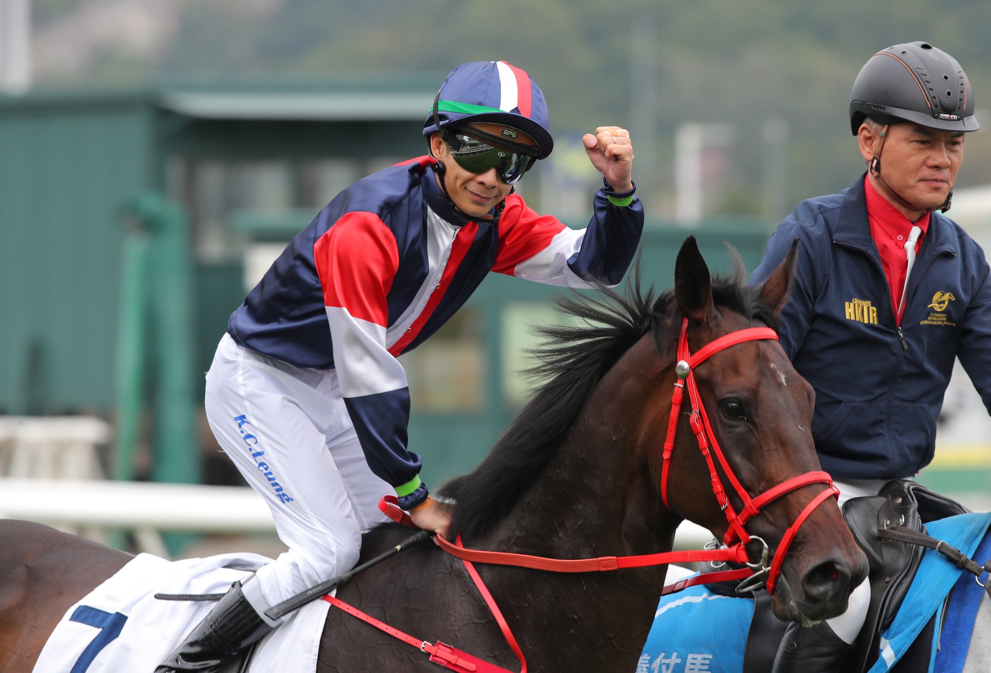 Derek Leung pumps his fist after bagging the Centenary Vase on Numbers.