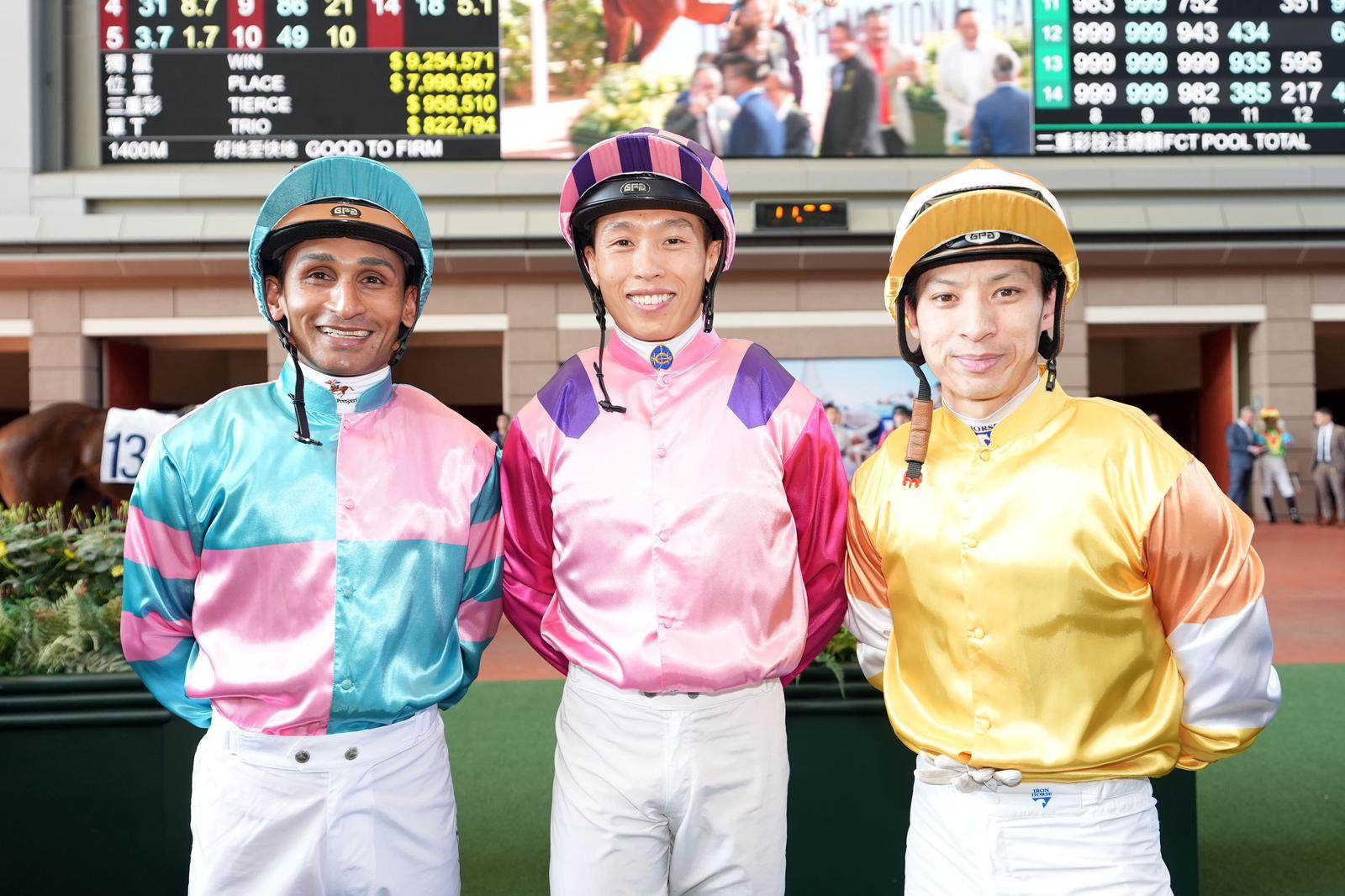 Hong Kong jockeys (from left) Karis Teetan, Vincent Ho and Matthew Chadwick were all born in the Year of the Horse 36 years ago. Photo: HKJC