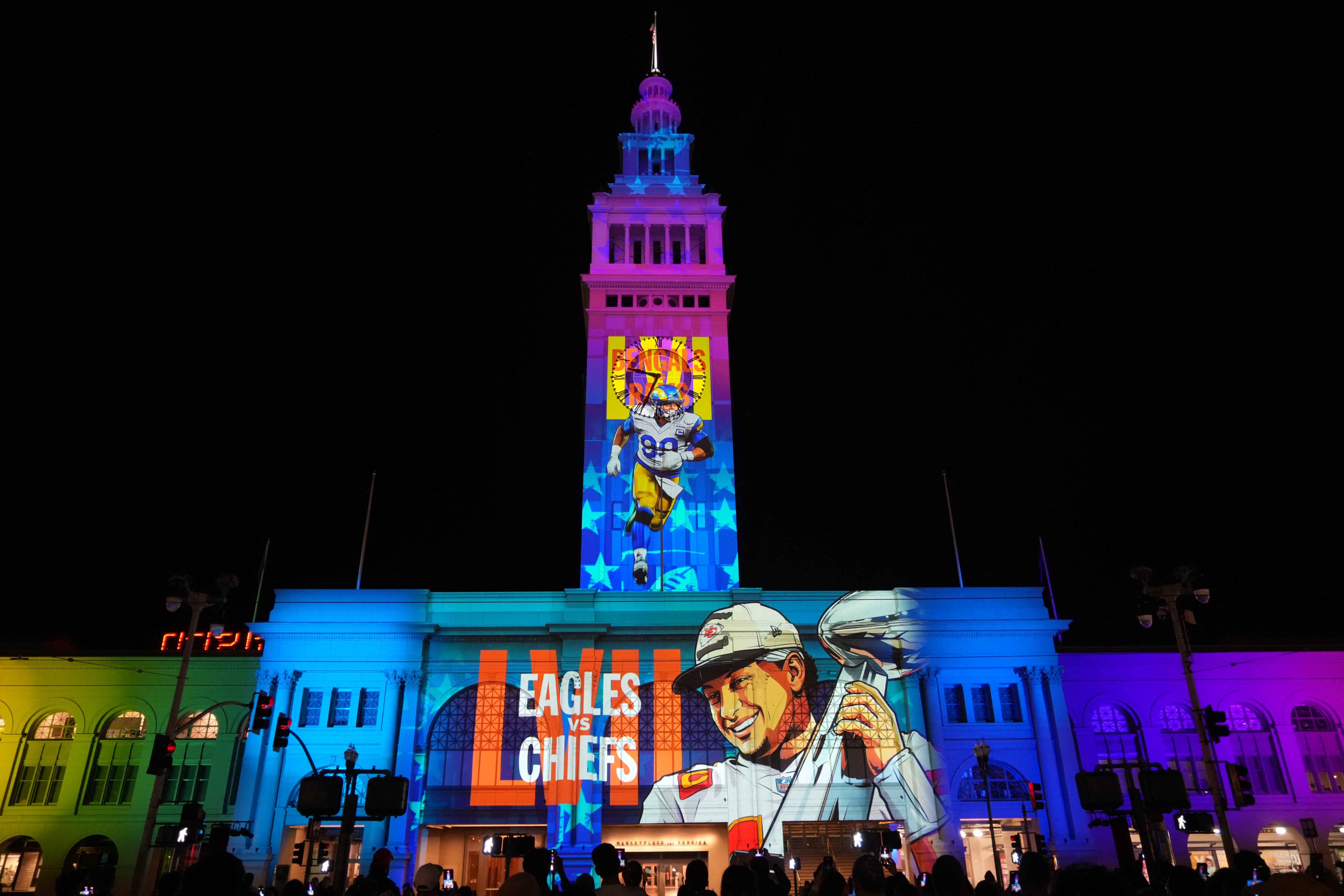 The Super Bowl LX logo being projected on the Ferry Building in San Francisco, on Friday. Photo: Kirby Lee-Imagn Images