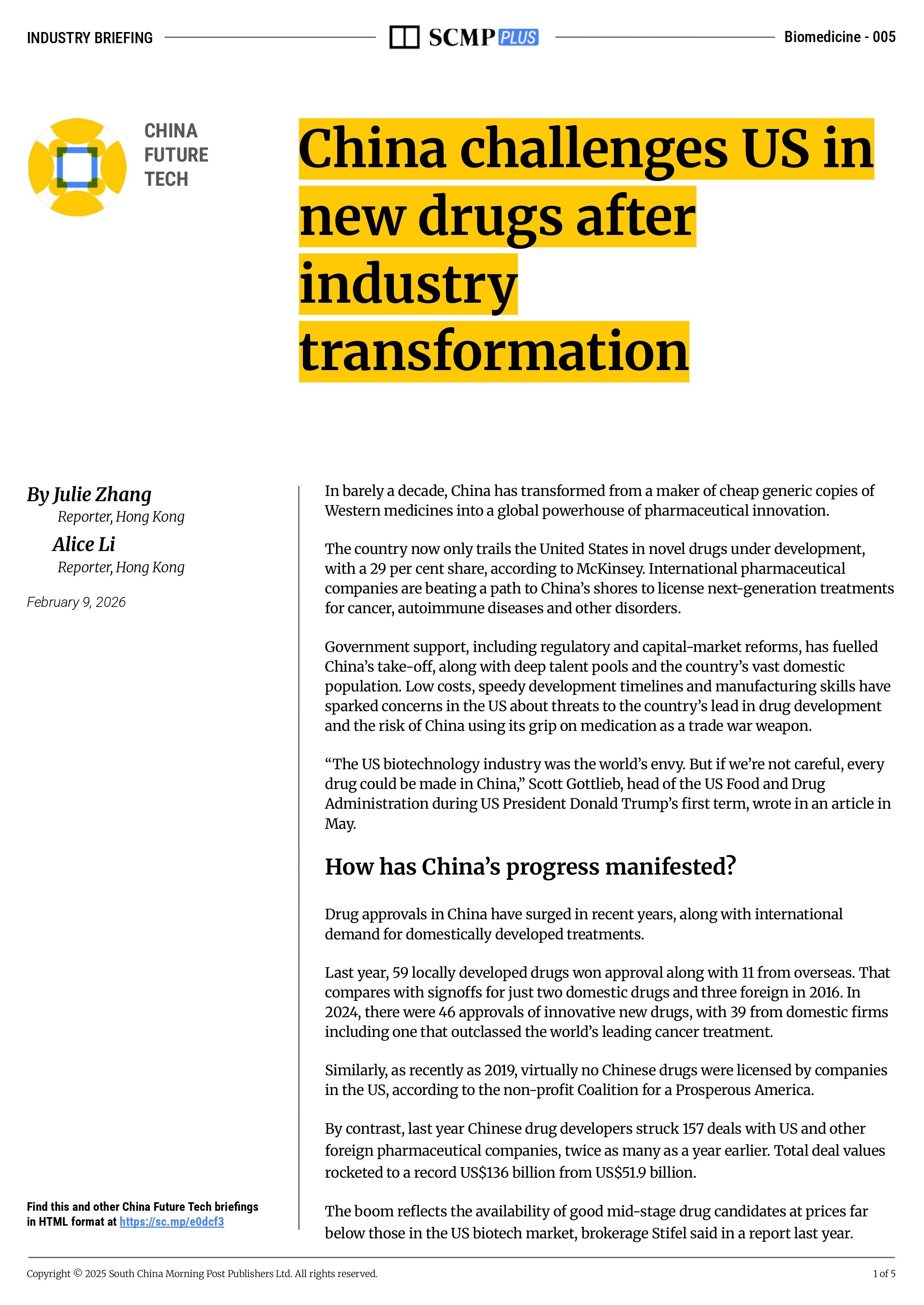 China challenges US in new drugs after industry transformation