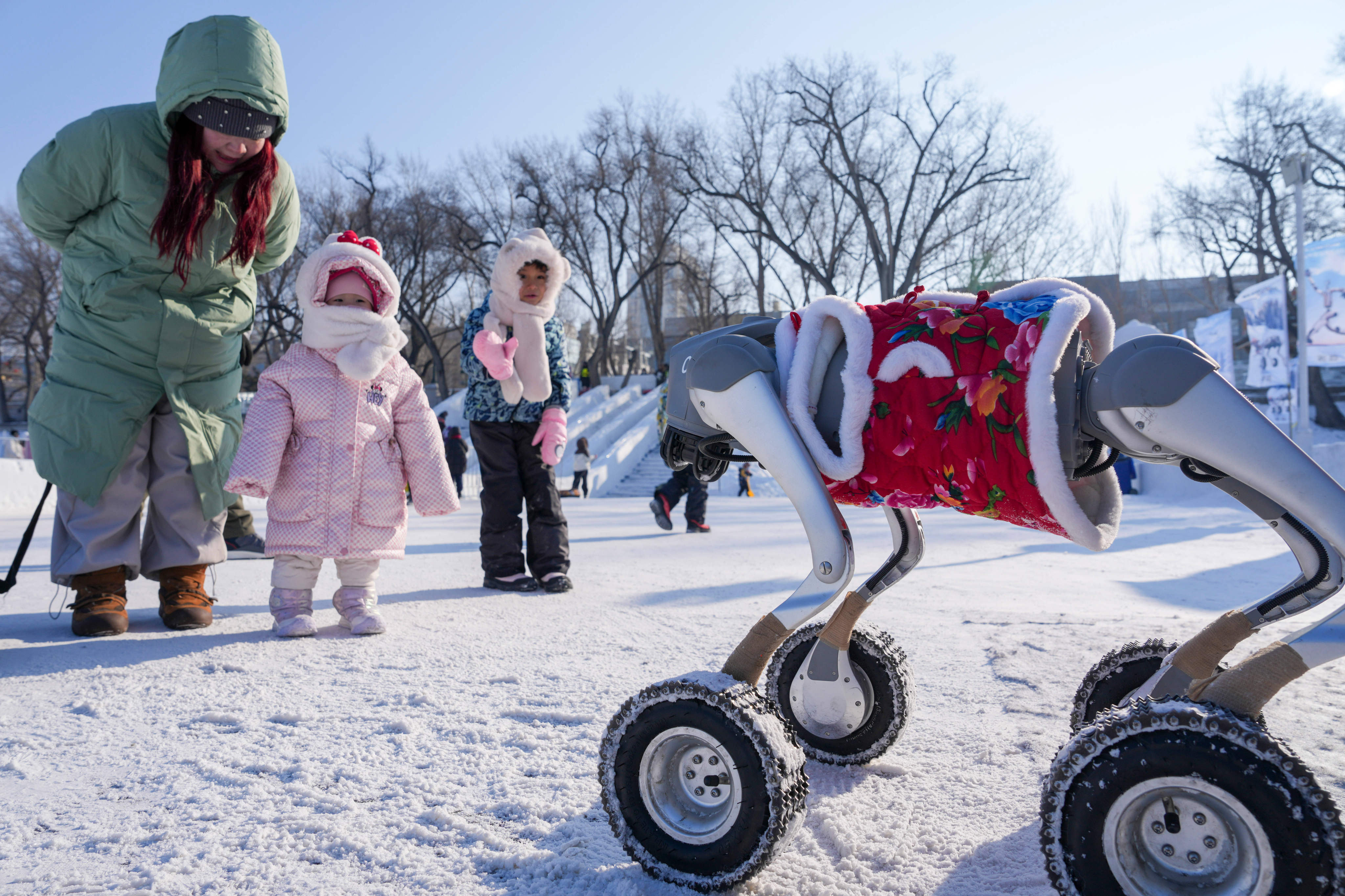 A robotic dog is seen on the frozen Songhua River in Harbin, Heilongjiang Province, where the icy landscape offers entertainment for locals and tourists alike. Photo: Xinhua