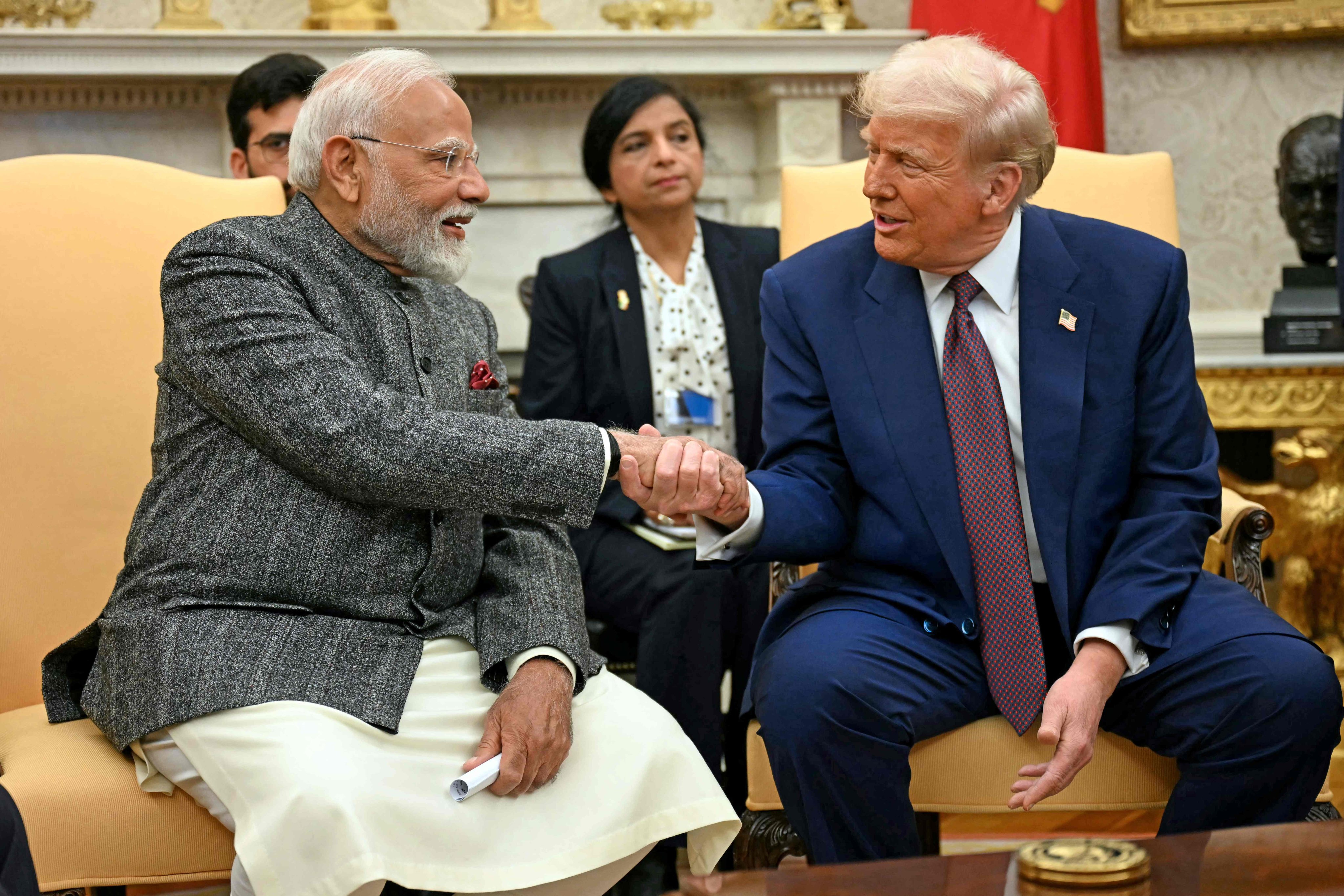 US President Donald Trump (right) shakes hands with Indian Prime Minister Narendra Modi in the Oval Office of the White House in Washington, DC, on February 13 last year. Photo: AFP