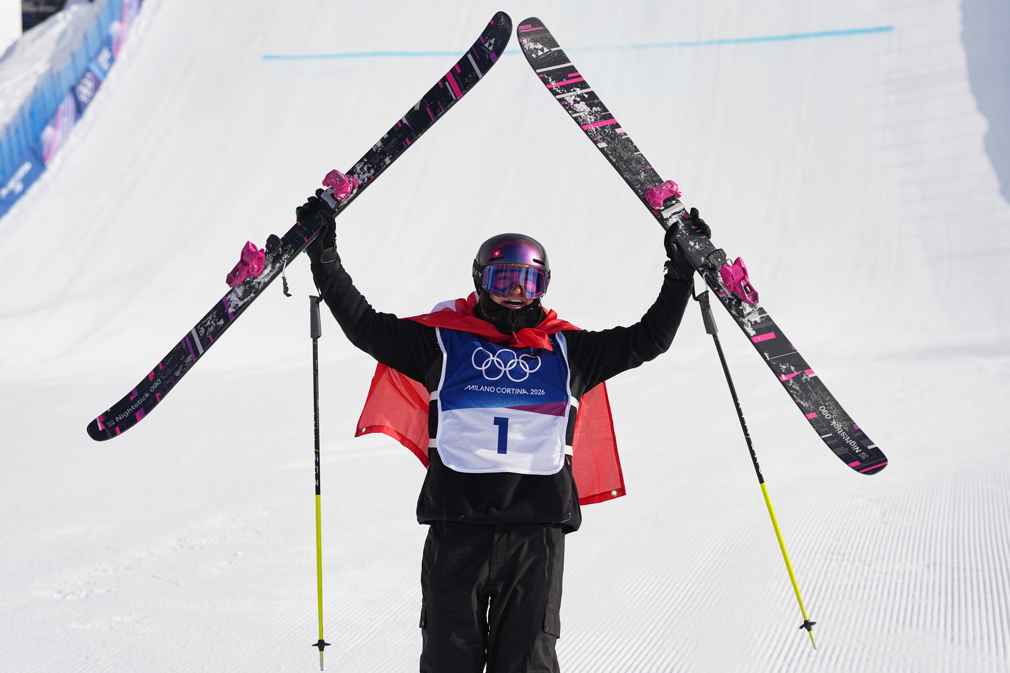 Switzerland’s Mathilde Gremaud celebrates her gold medal win in the women’s freestyle skiing slopestyle in Livigno. Photo: AP