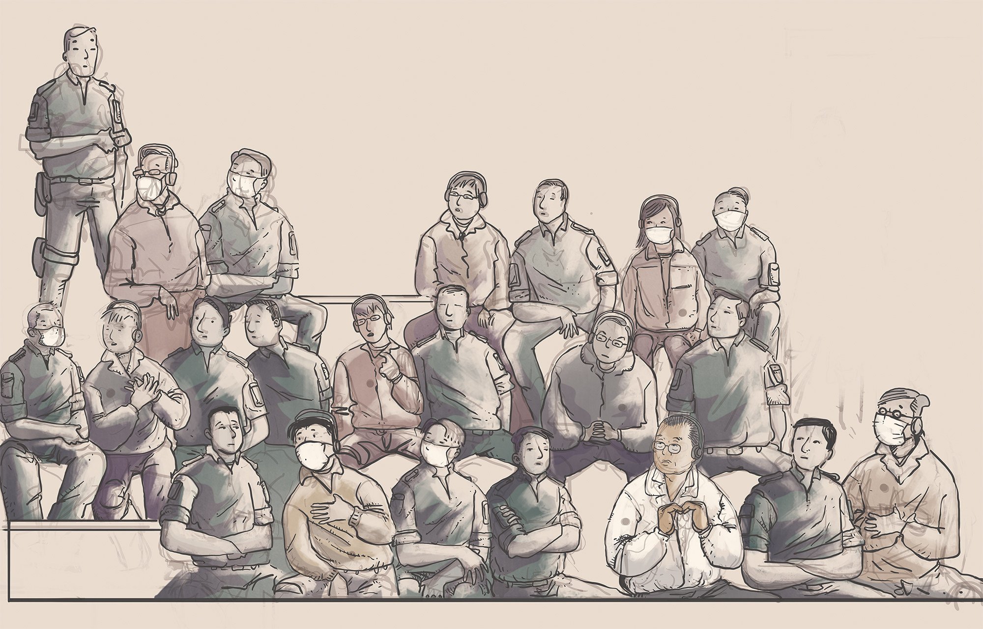 Jimmy Lai (front row, third from right) at his sentencing hearing. Illustration: Victor Sanjinez