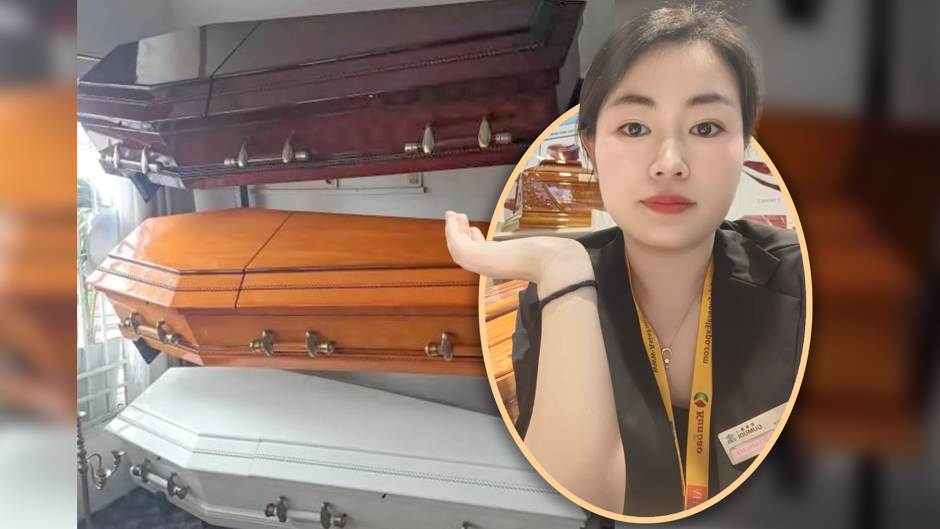 A Chinese woman has quit teaching to sell coffins to Europe, generating more than US$6 million in sales annually. Photo: SCMP composite/QQ.com