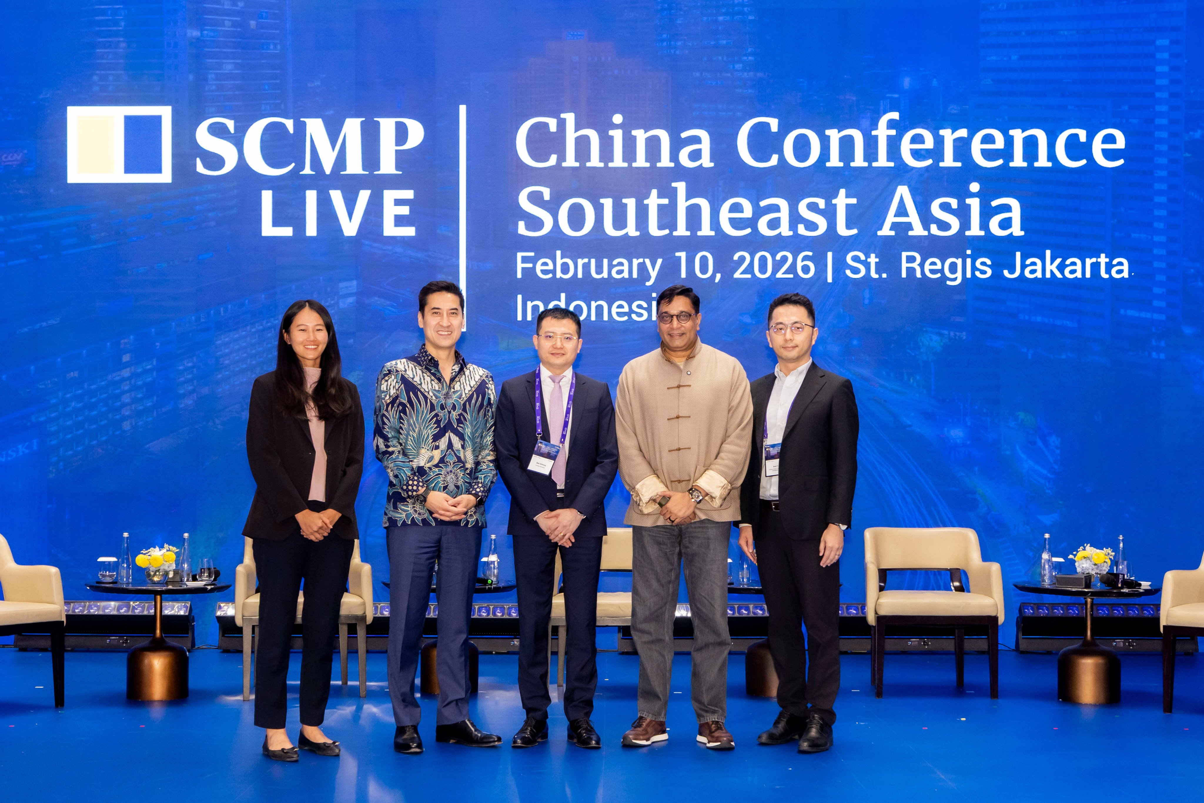 From left are Jean Iau, SCMP reporter; Jo Miyake, head of banking, Asia and Middle East, corporate and institutional banking at HSBC; Qian Shihong, chief strategy officer at Huawei Indonesia; Vikram Sinha, president director and CEO at Indosat Ooredoo Hutchison; and Sean Yuan, vice president at Alibaba Cloud International and general manager of South Pacific Region, Alibaba Cloud Intelligence Group. Photo: SCMP
