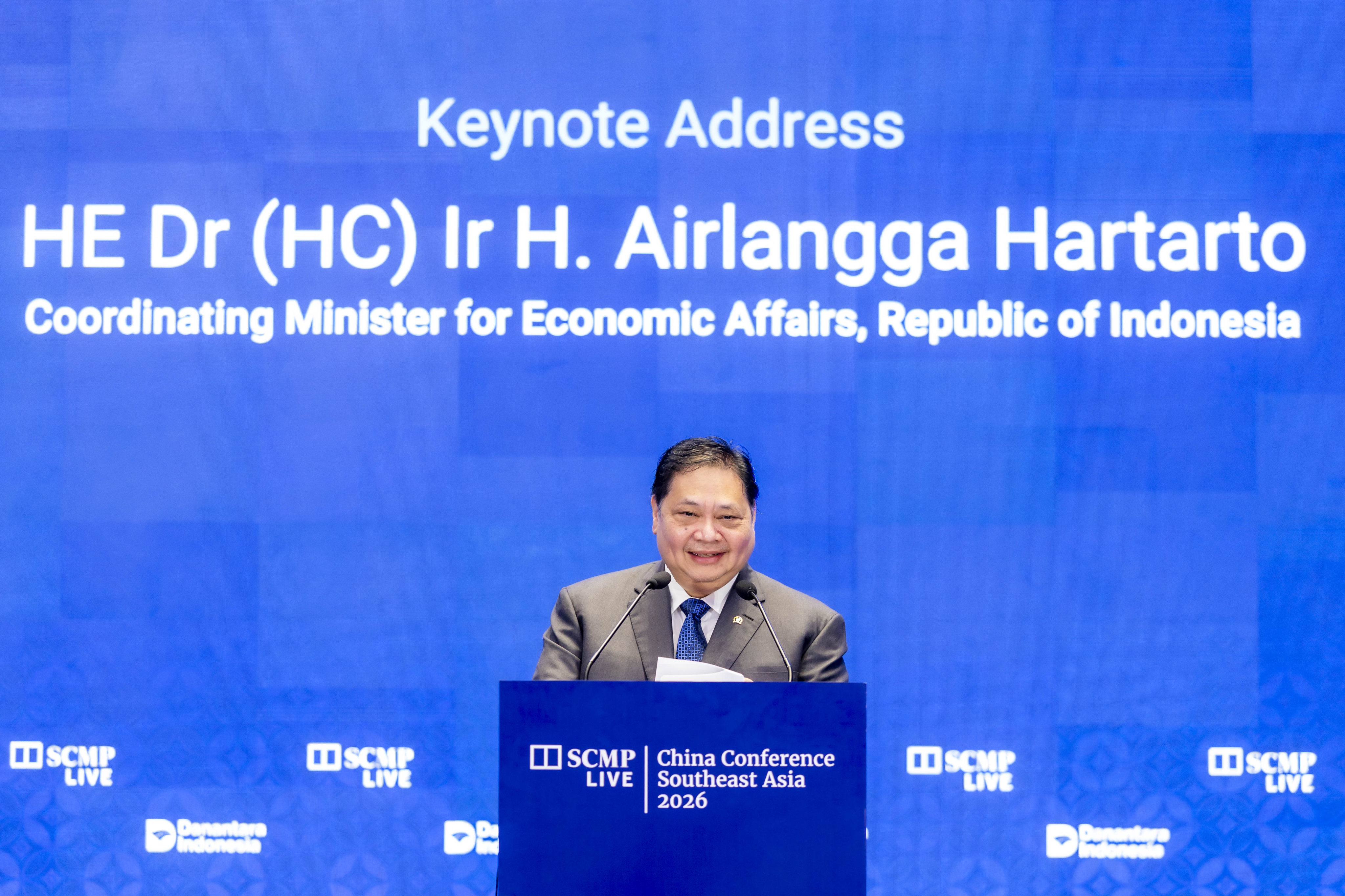 Indonesia’s top economic minister Airlangga Hartarto speaks at the China Conference: Southeast Asia 2026 in Jakarta on Tuesday. Photo: SCMP