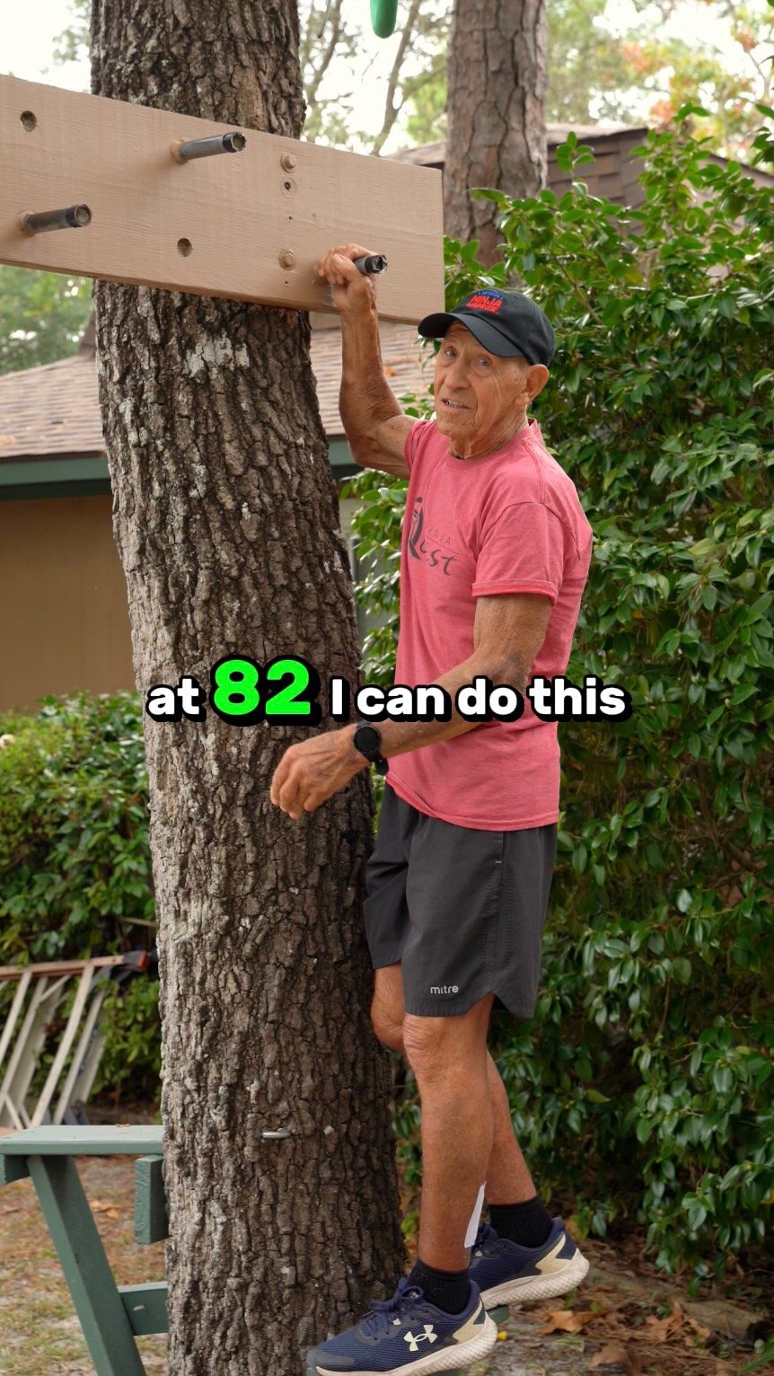 Charles Mammay prepares to exercise in the obstacle course he built in the front garden of his home in Oak Island, in the US state of North Carolina, in 2025. Photo: Instagram/charlesmammay