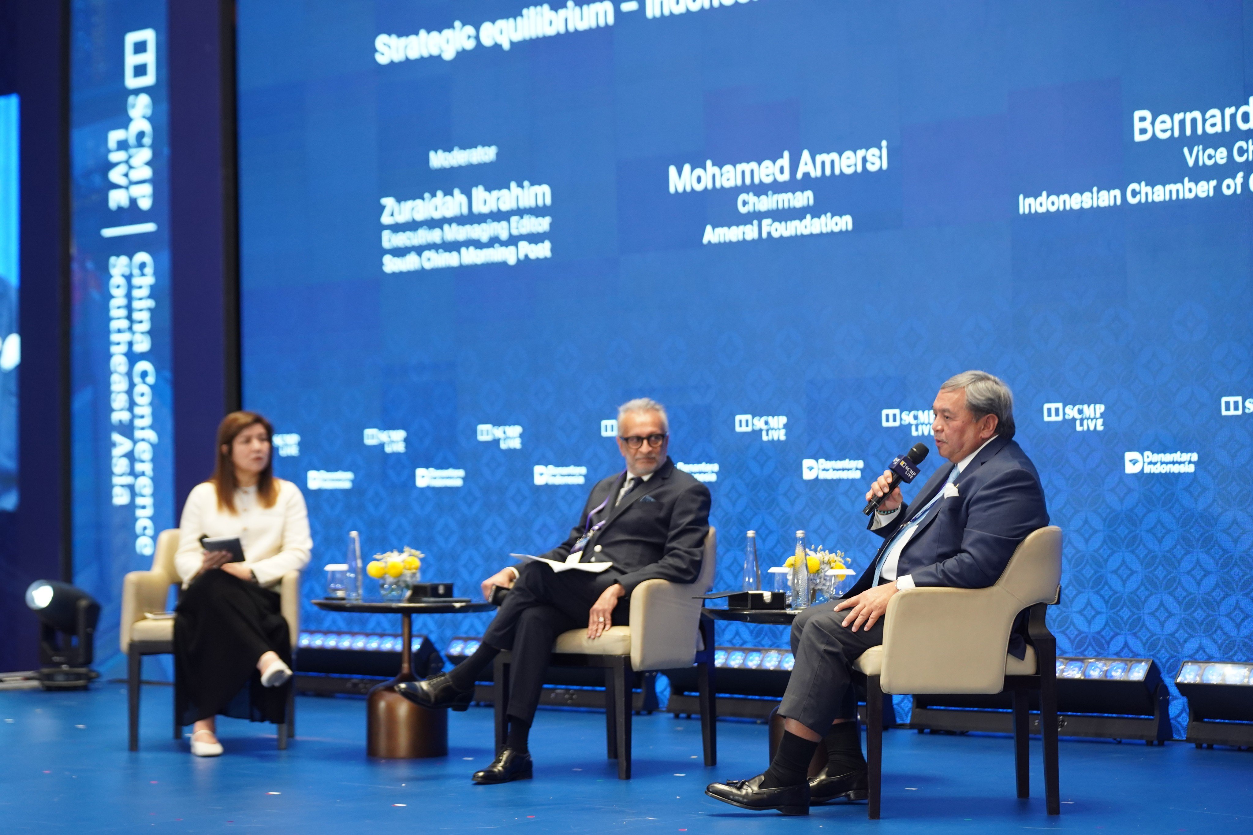 Mohamed Amersi (centre) and Bernardino Moningka Vega (right) take part in a plenary panel hosted by SCMP Executive Editor Zuraidah Ibrahim at the China Conference: Southeast Asia 2026 on Tuesday. Photo: SCMP