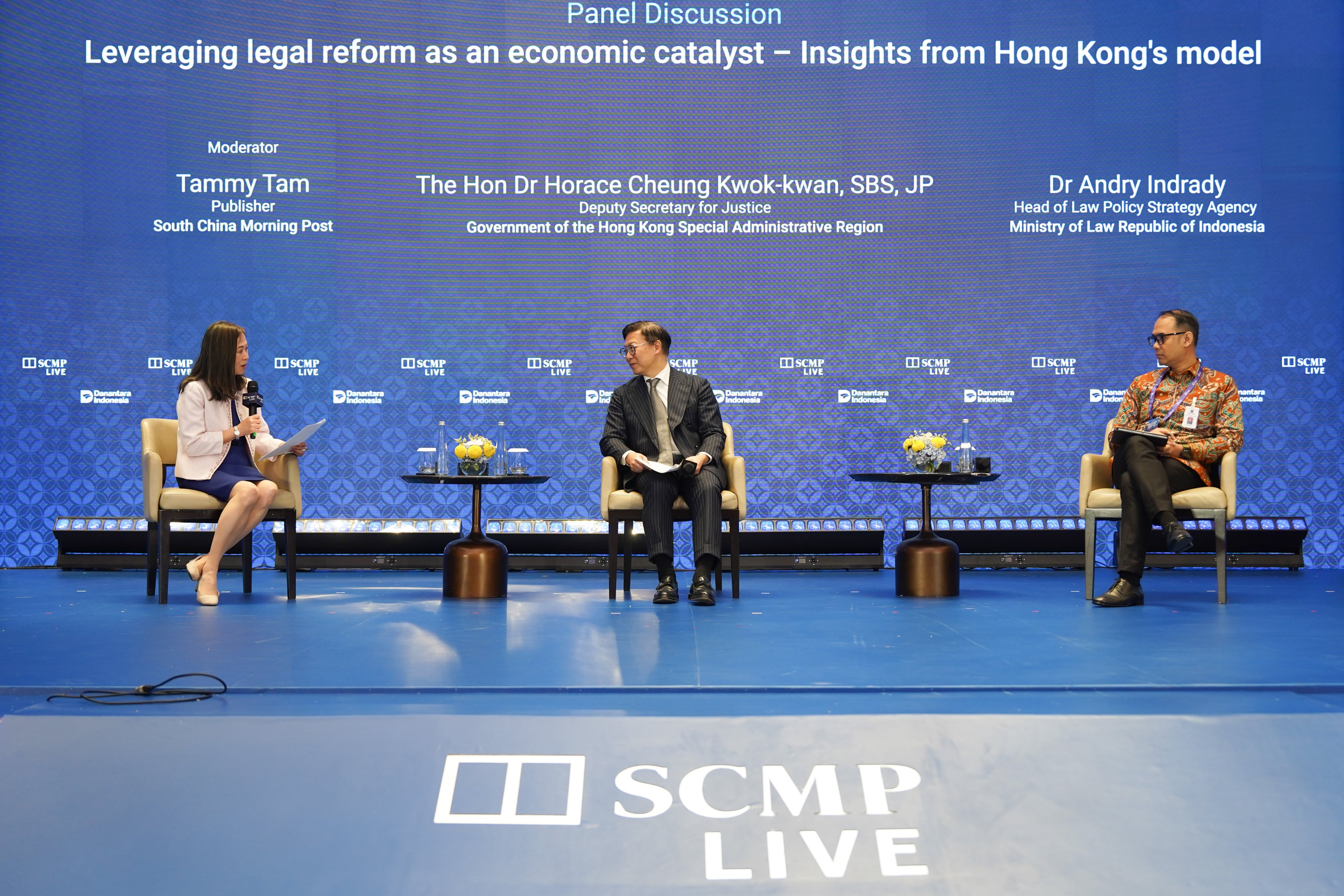 (From left) SCMP publisher Tammy Tam, Deputy Secretary for Justice Horace Cheung and Andry Indrady, head of the Law Policy Strategy Agency of Indonesia’s Ministry of Law at the China Conference: Southeast Asia 2026 in Jakarta. Photo: SCMP