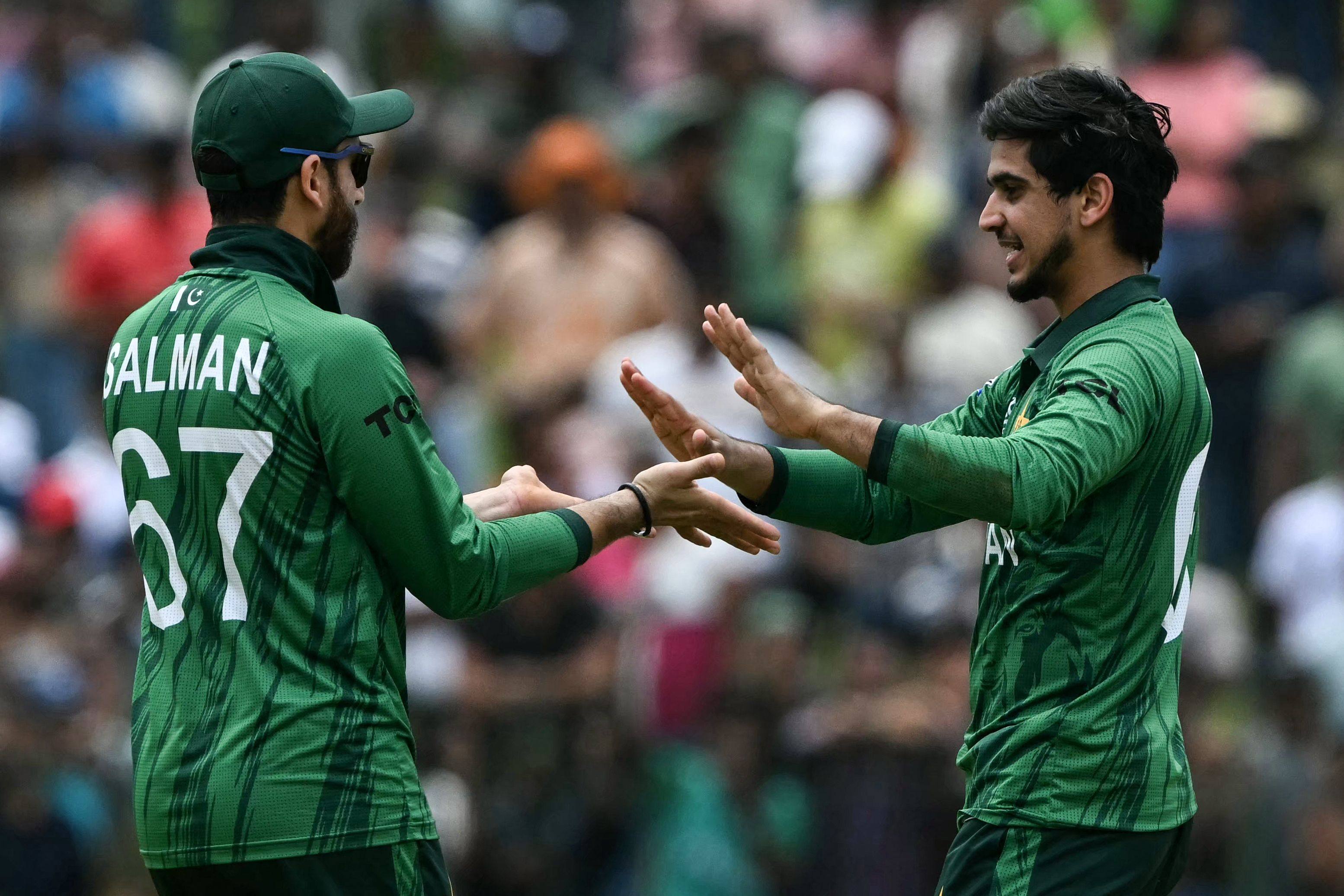 Pakistan captain Salman Agha (left), seen here with teammate Saim Ayub in their win over the Netherlands on Saturday, said his team would follow government advice and would play against India. Photo: AFP