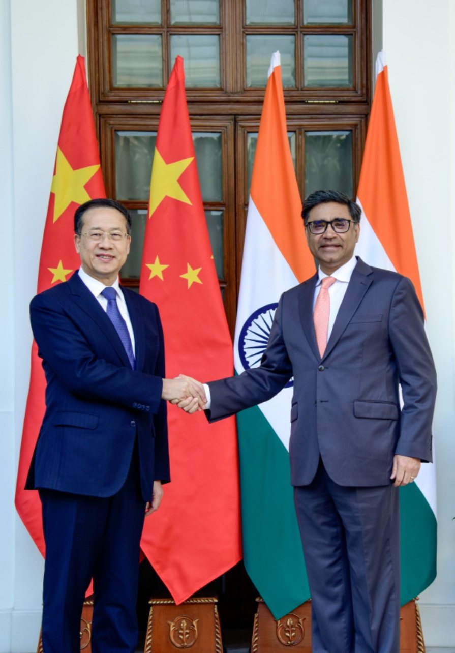 China’s Executive Vice Minister of Foreign Affairs Ma Zhaoxu (left) and Vikram Misri, India’s foreign secretary, in New Delhi on Tuesday. Photo: Handout