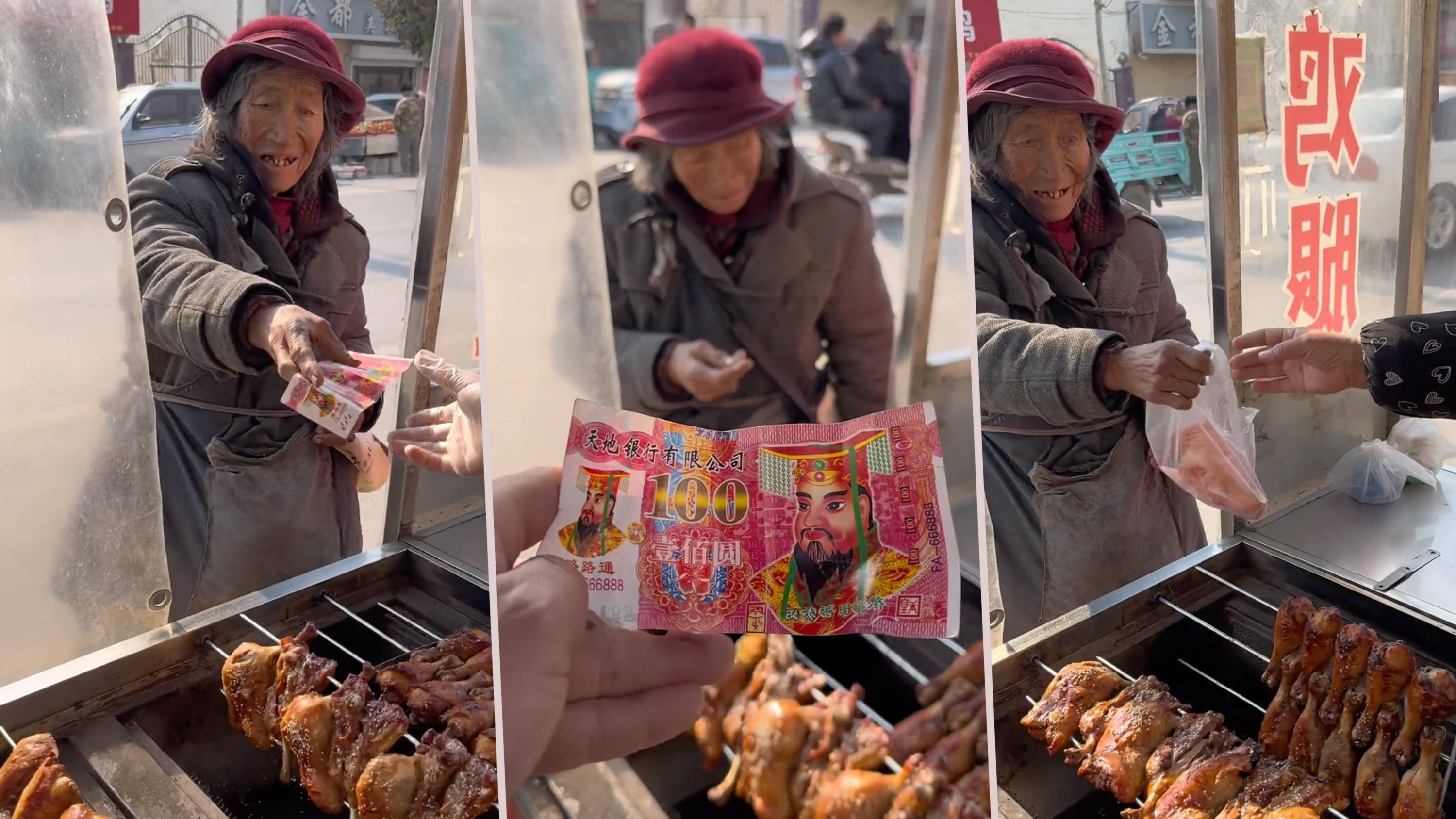A 70-year-old Chinese woman has used so-called hell money for purchases in her neighbourhood for years and stall owners accept it without complaint. Photo: SCMP composite/Douyin