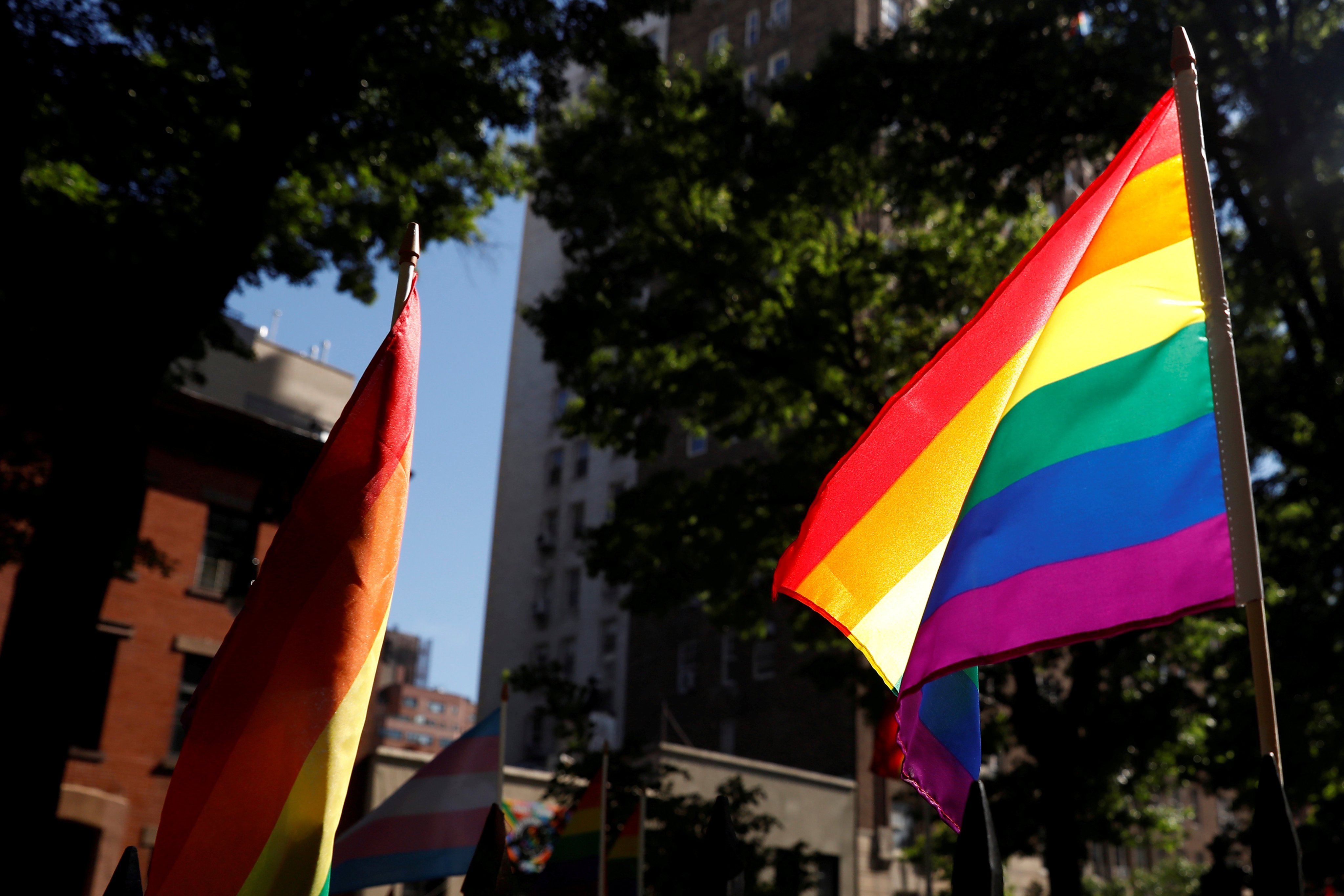 A rainbow flag blows in the wind inside Christopher Park near the Stonewall Inn in New York in June 2019. Photo: Reuters