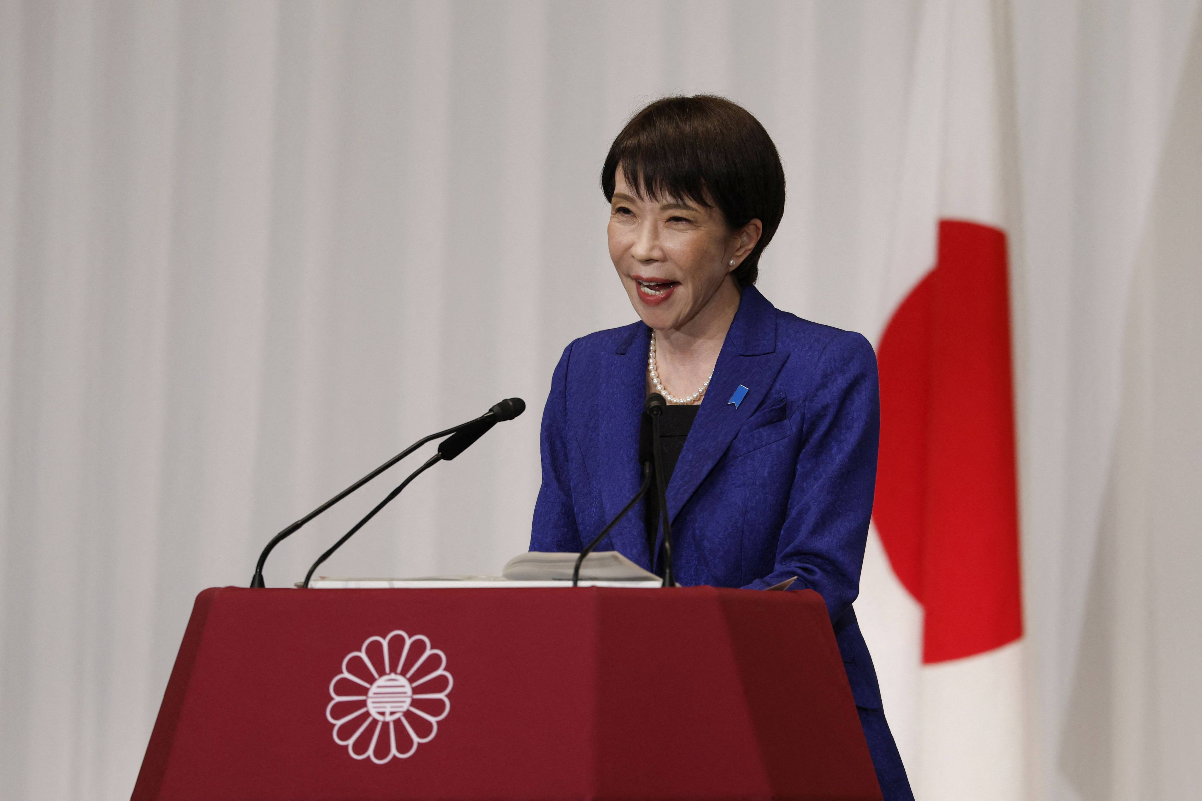 Japan’s Prime Minister Sanae Takaichi, leader of the ruling Liberal Democratic Party, speaks during a press conference at the LDP headquarters in Tokyo on February 9. Photo: Pool / AFP
