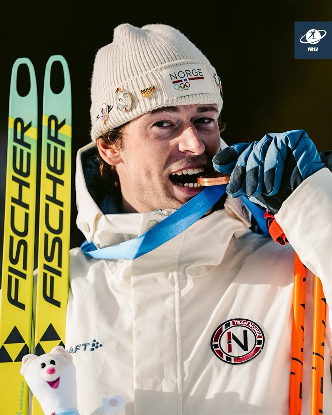 Sturla Holm Lægreid celebrating his Olympic broze medal win. Photo: @biathlonworld/Instagram