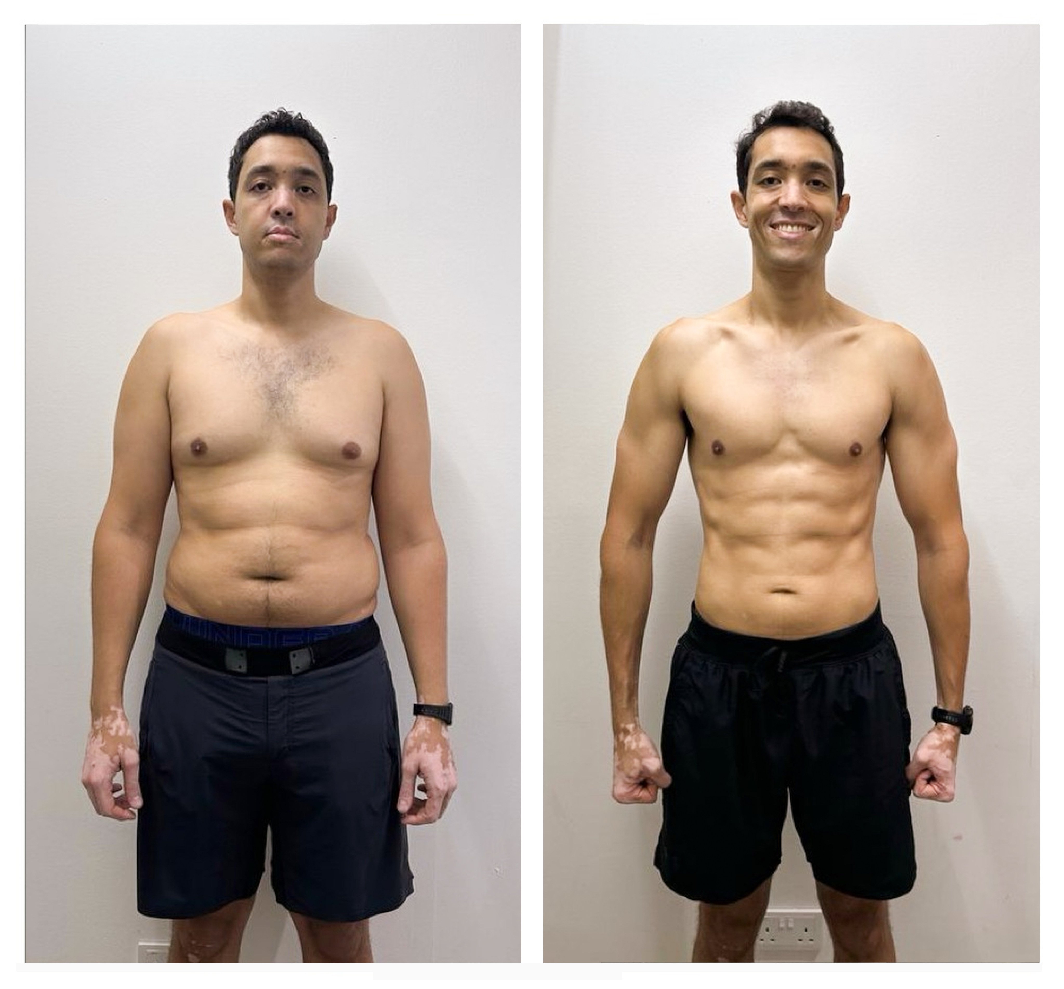 Ben Payet at his heaviest weight of 93kg in October 2024 (left) and at his current weight of 72kg, which he first achieved in July 2025. Photo: UP Singapore