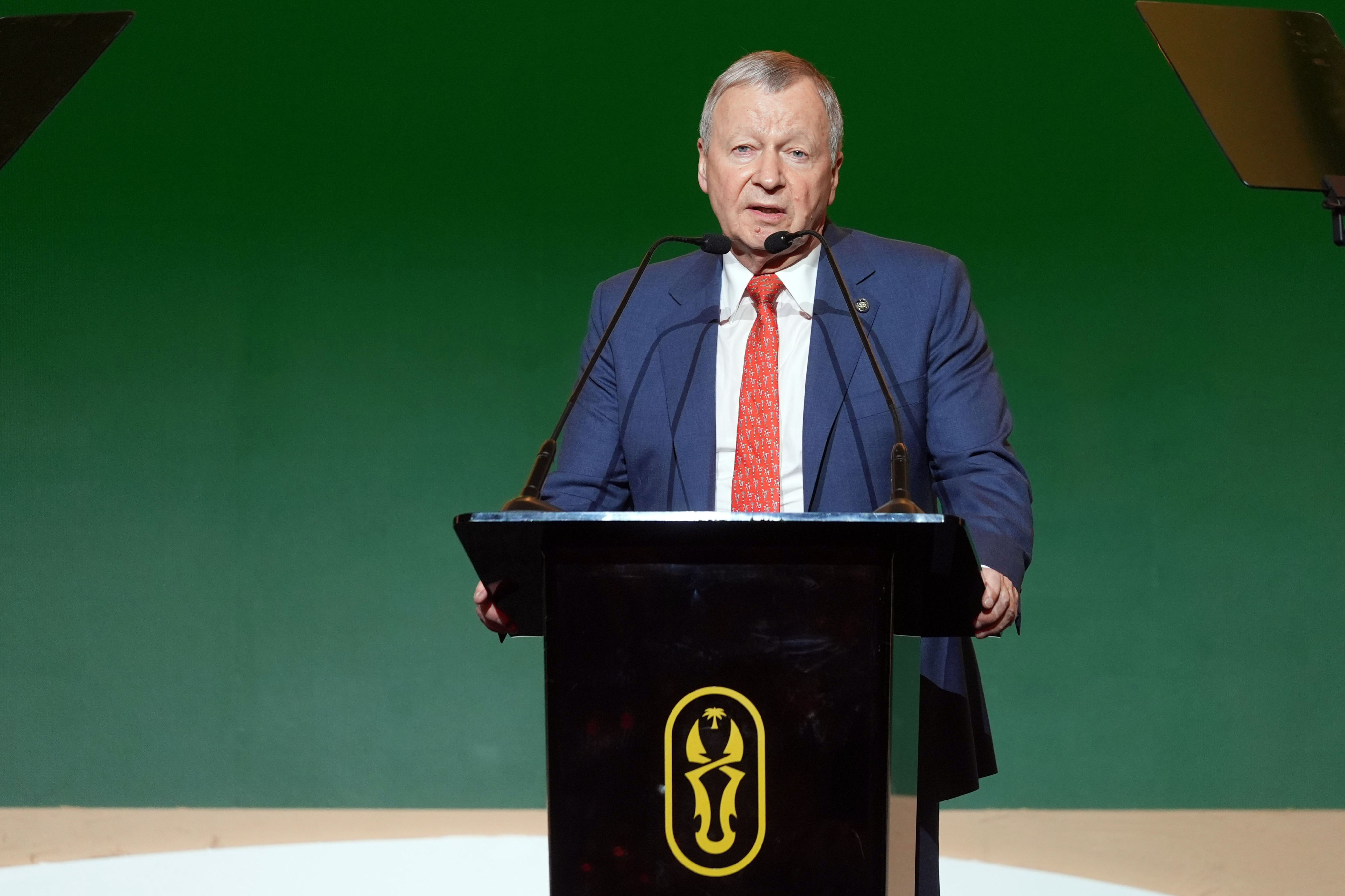 Winfried Engelbrecht-Bresges speaking at the Asian Racing Conference closing ceremony in Riyadh. Photo: HKJC