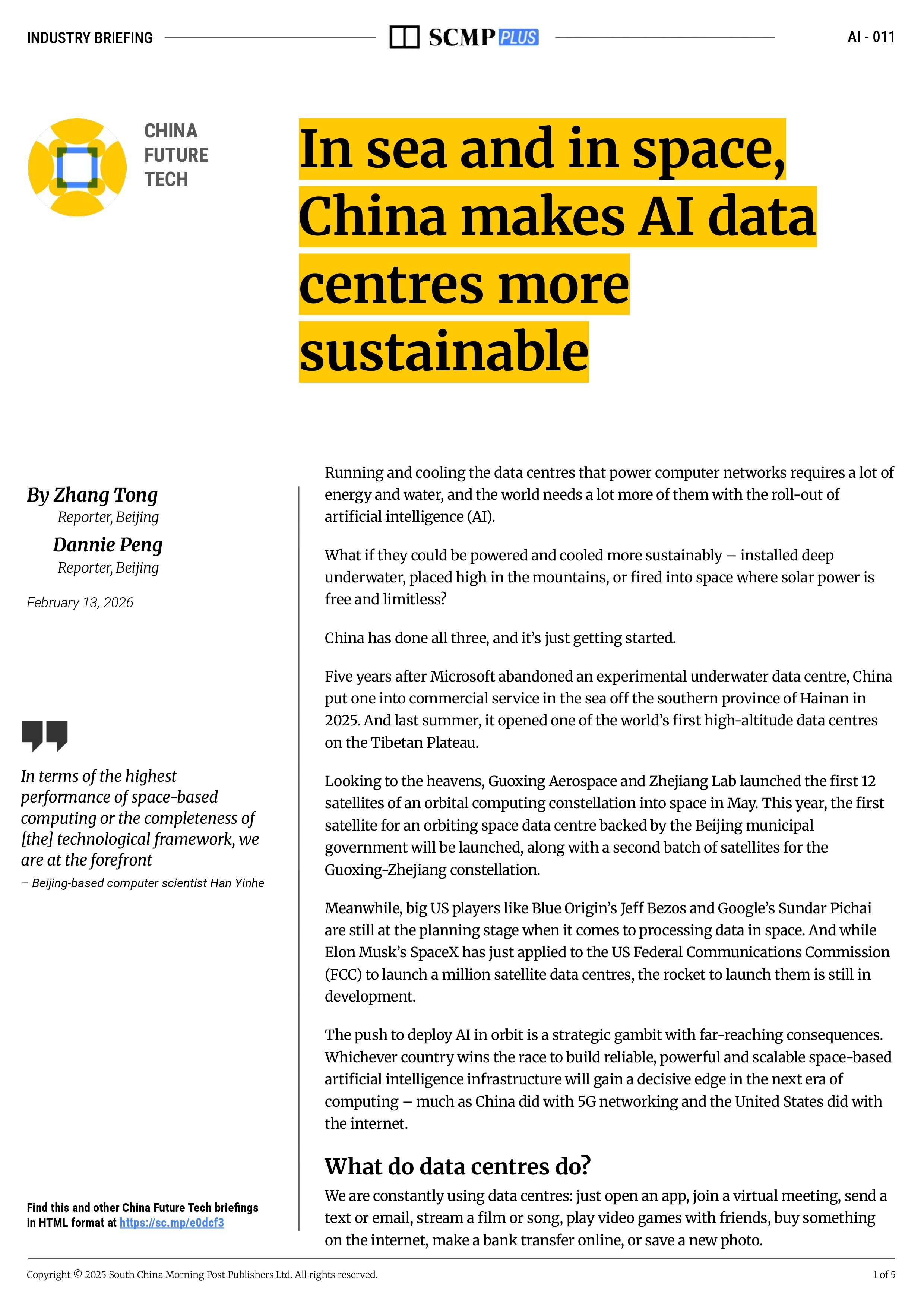 In sea and in space, China makes AI data centres more sustainable